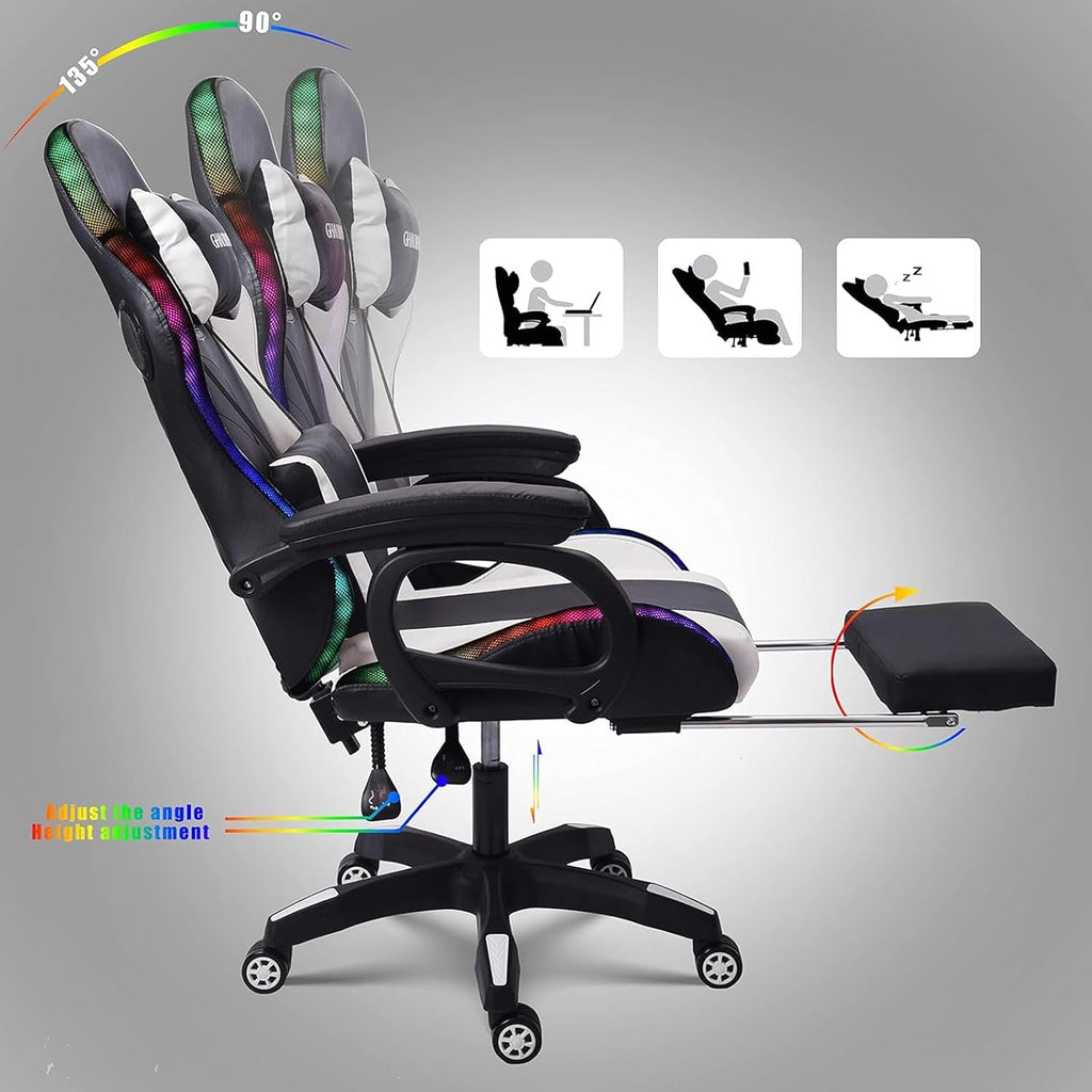 Gaming Chair with Bluetooth Speakers,Computer Chair Massage with LED Lights,Ergonomic Game Chair,Computer Stool with Footrest and Lumbar Support Height Adjustable with 360°-Swivel Seat (White)