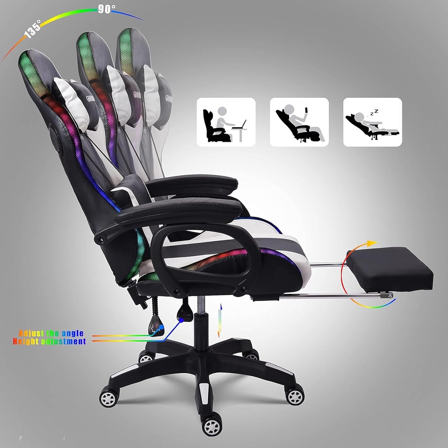 Gaming Chair with Bluetooth Speakers,Computer Chair Massage with LED Lights,Ergonomic Game Chair,Computer Stool with Footrest and Lumbar Support Height Adjustable with 360°-Swivel Seat (White)