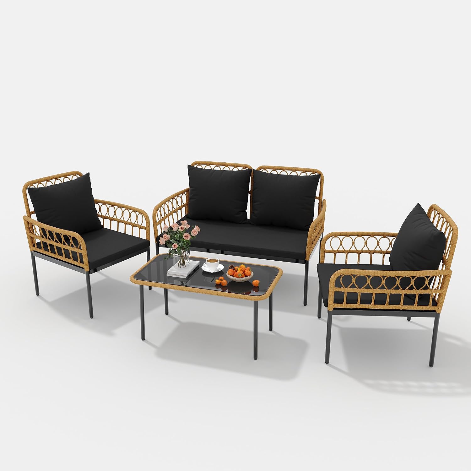 4 Pieces Outdoor Patio Furniture Set with Table - Rattan Balcony Furniture for Porch or Deck, Includes Chaise Lounge, 2 Armchairs with Cushions and Pillows for Porch Backyard Lawn Poolside Deck, Black