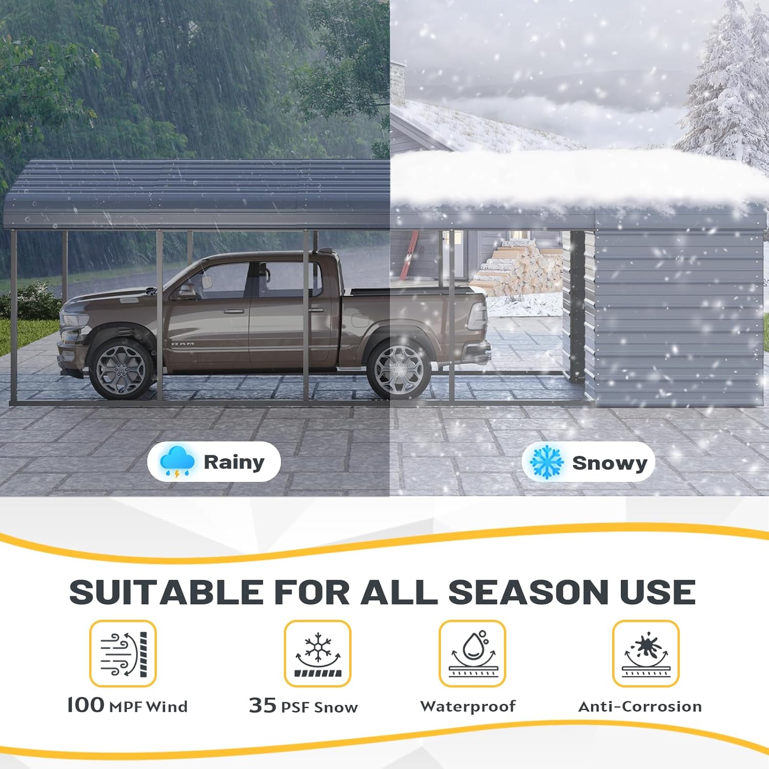 EROMMY 12x25 FT Metal Carport with Side Storage, Heavy Duty Enclosed Carport with Lockable Storage Room, Galvanized Steel Vehicle Shelter for Car, Truck & Tools