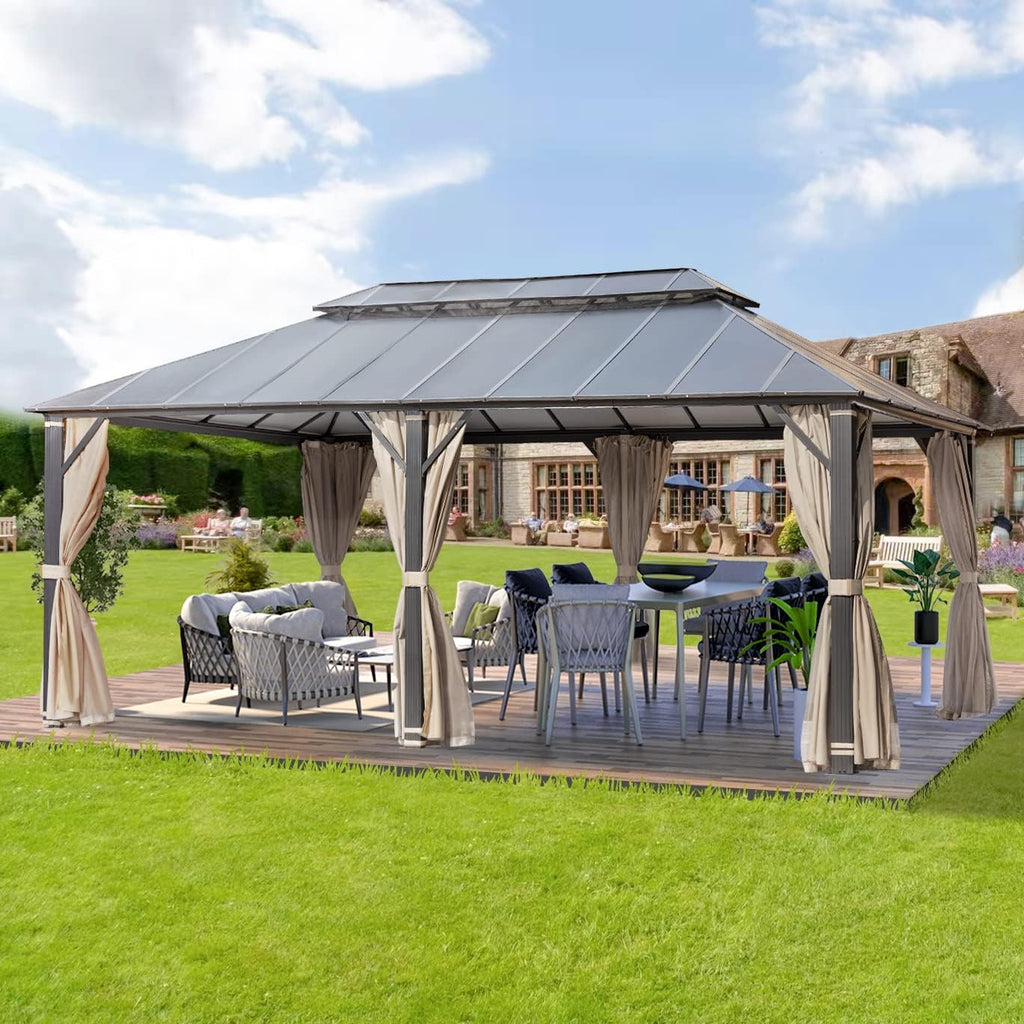 MELLCOM 12x20FT Hardtop Gazebo, Permanent Outdoor Aluminum Patio Gazebo with Aluminum Composite Double Roof for Patio Lawn and Garden, Curtains and Netting Included