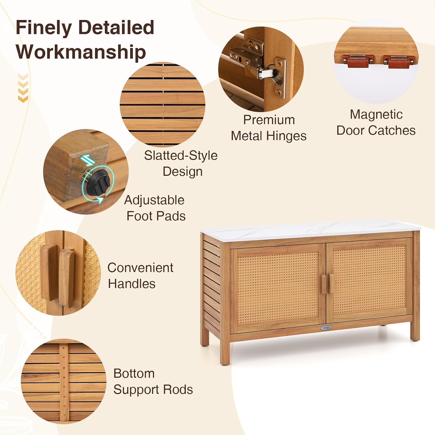 Goplus Outdoor Console Table, Acacia Wood Patio Storage Cabinet with Fax Marble Top, Rattan Doors, Inner Shelves & Hidden Compartment, Outdoor Sideboard for Patio (Rattan Door)