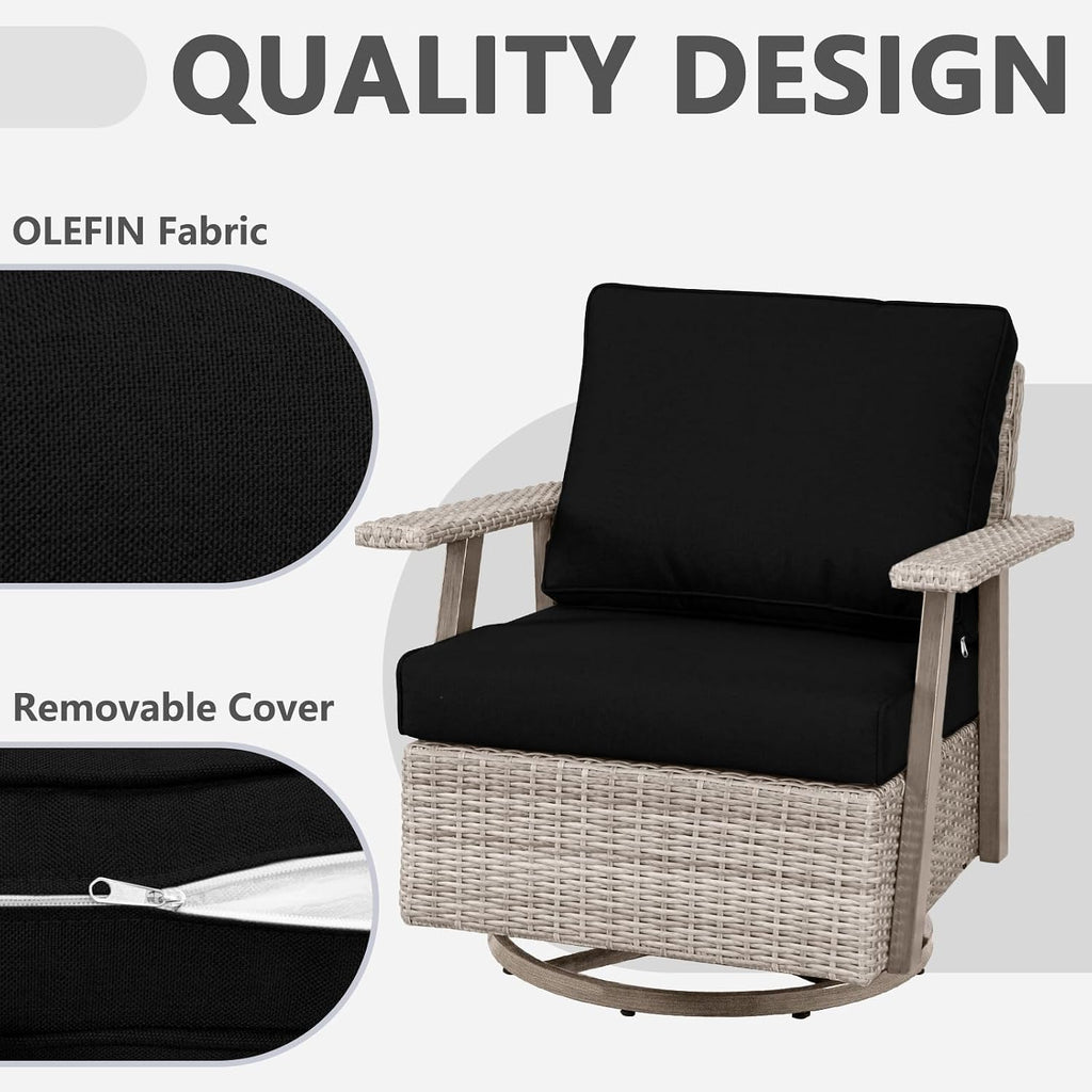 2 PCS Outdoor Patio Furniture Set, Oversized Swivel Patio Chairs Set of 2, Outdoor Swivel Rocking Glider Chairs Set, Brown/Taupe PE Wicker Rocking Chair with Black Cushion for Porch Garden