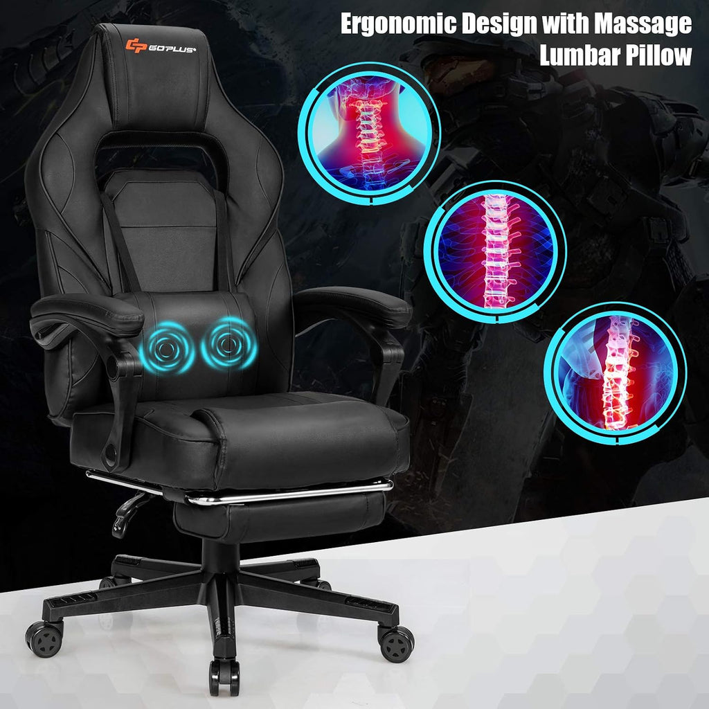 Goplus Massage Gaming Chair, Reclining Backrest, Seat Height Adjustment Racing Computer Office Chair with Footrest, Ergonomic High Back PU Swivel Game Chair (Black)