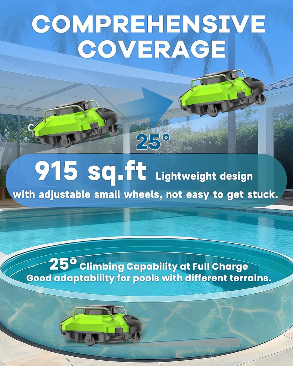 Cordless Robotic Pool Cleaner, Dual-Motor Vacuum with 25° Slope Climbing for Pools up to 915 sq ft, UL & CSA Certified, 120 Mins Long Running Time, Automatic Self-Parking, Powerful Suction