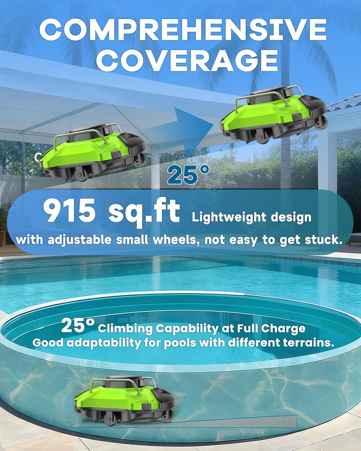 Cordless Robotic Pool Cleaner, Dual-Motor Vacuum with 25° Slope Climbing for Pools up to 915 sq ft, UL & CSA Certified, 120 Mins Long Running Time, Automatic Self-Parking, Powerful Suction
