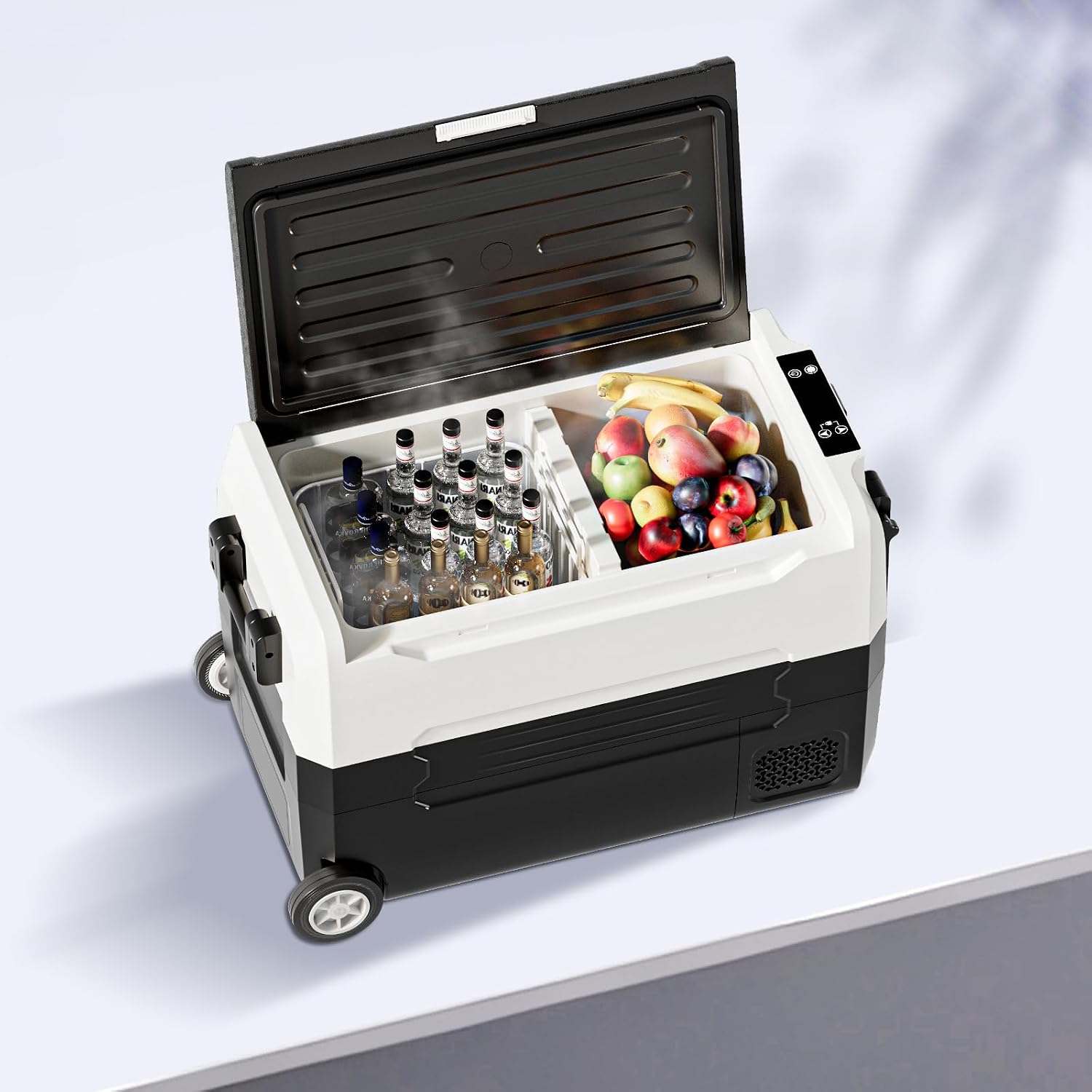 TABU 49QT Portable Car Refrigerator, 12V Dual Zone Freezer& Cooler with 12/24V DC&110/240V AC,Car Fridge with Wheels,Low Noise,-4℉~68℉, for Camping, Travel, RV (Black)