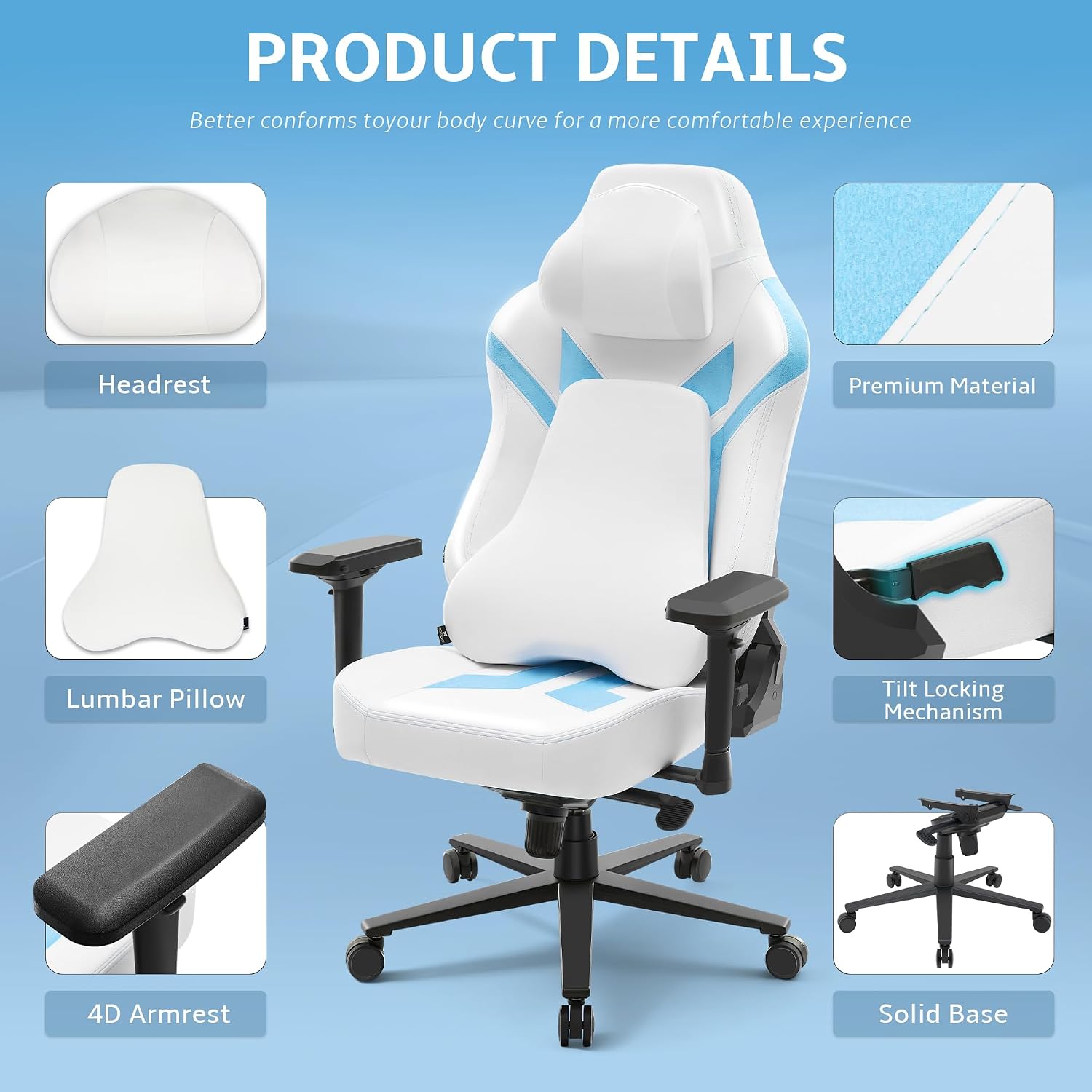 Ergonomic Gaming Chair, Computer Desk Chairs, 4D Armrests, High Back Office Chair with Headrest & Lumbar Pillow, Tilt Rocker Recliner, Heavy-Duty Base, White PU Leather & Blue Suede Combo