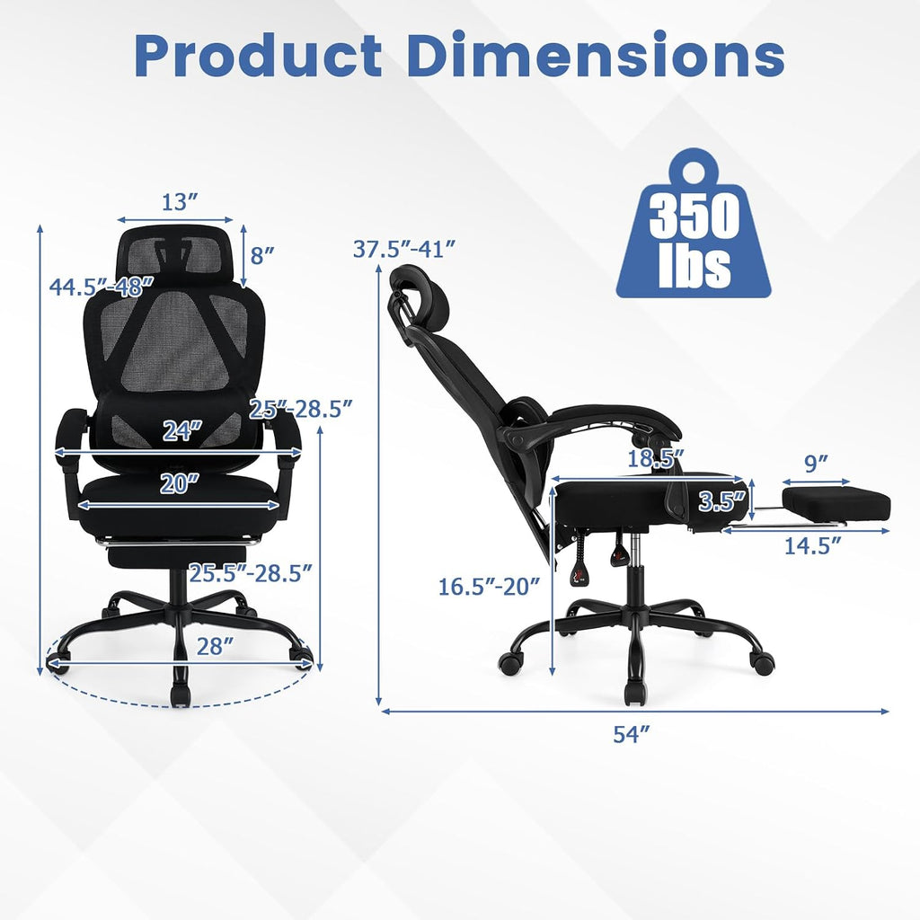 Giantex Mesh Office Chair, Ergonomic Desk Chair with Retractable Footrest, 135° Tilting Backrest, Adjustable Headrest & Lumbar Support, Padded Armrest, Computer Chair with High Back for Home Office