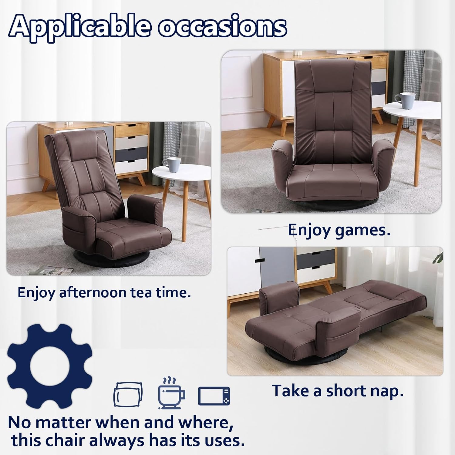 360 Degree Swivel Floor Chairs for Adults, Faux Leather Gaming Floor Chair with Back Support, 14 Angles Adjustable Comfortable Floor Lounge Chair Folding Video Game Chairs Office Bedroom