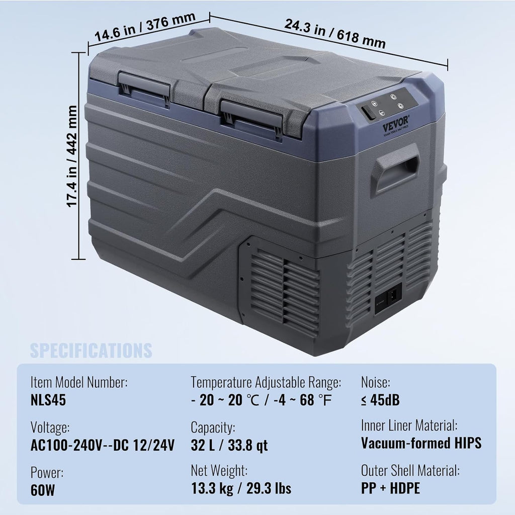 VEVOR NLS45, 12 Volt Car Refrigerator Fridge, 32 L Dual Zone Portable Freezer, -4℉-68℉ Adjustable Range, 12/24V DC and 100-240V AC Compressor Cooler for Outdoor, Camping, RV, Bule and grey
