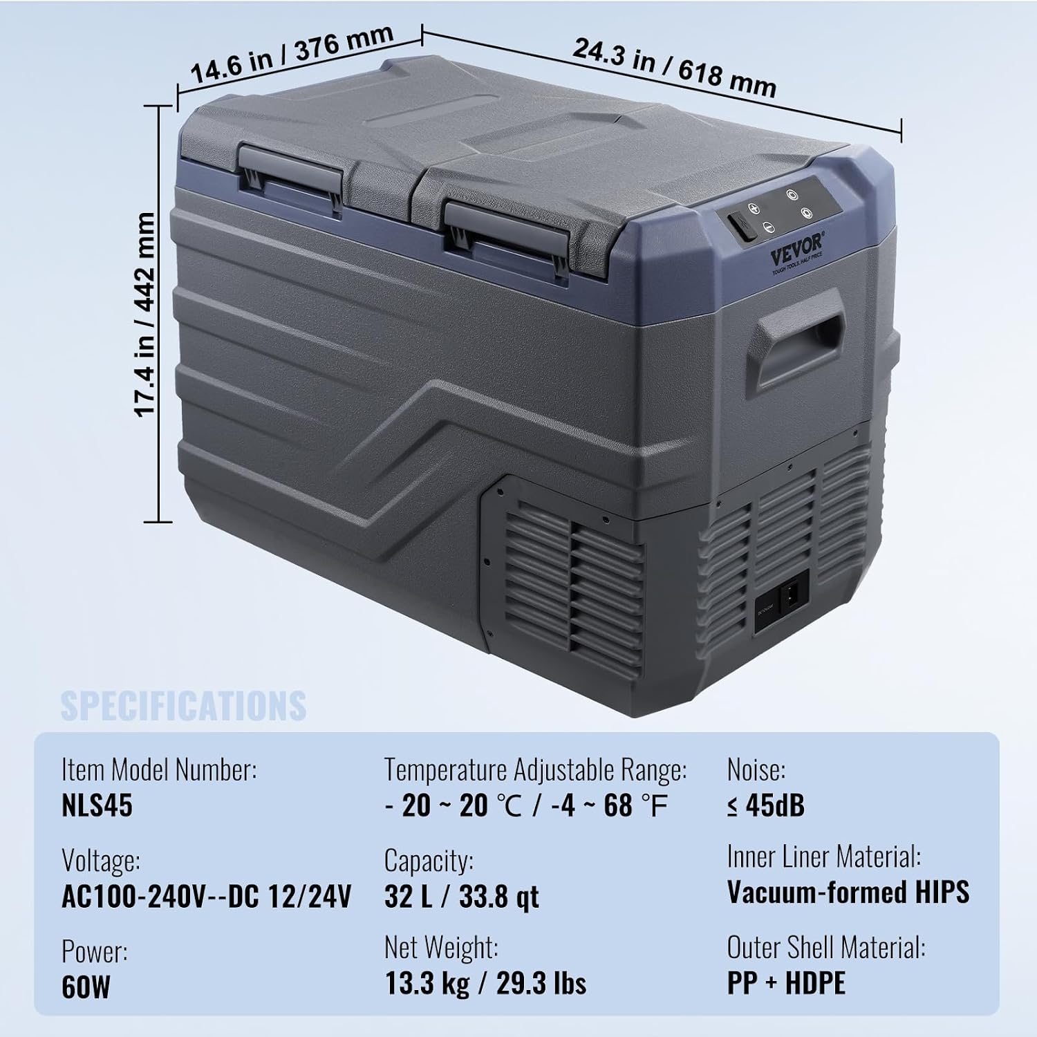VEVOR NLS45, 12 Volt Car Refrigerator Fridge, 32 L Dual Zone Portable Freezer, -4℉-68℉ Adjustable Range, 12/24V DC and 100-240V AC Compressor Cooler for Outdoor, Camping, RV, Bule and grey
