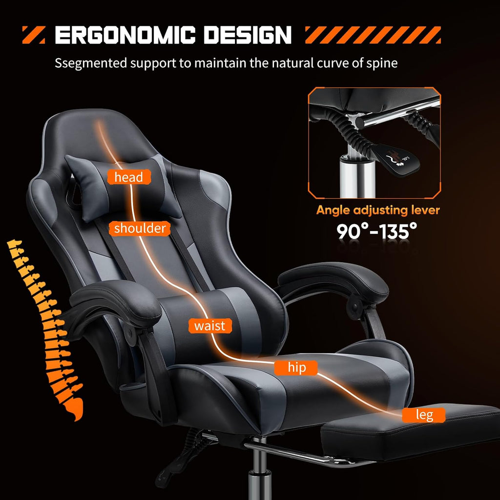 Sweetcrispy Computer Gaming Chair with Footrest, Ergonomic High Back PU Leather Video Racing Chair with Adjustable Headrest & Linkage Armrest, for Office and Home, Adults, Grey