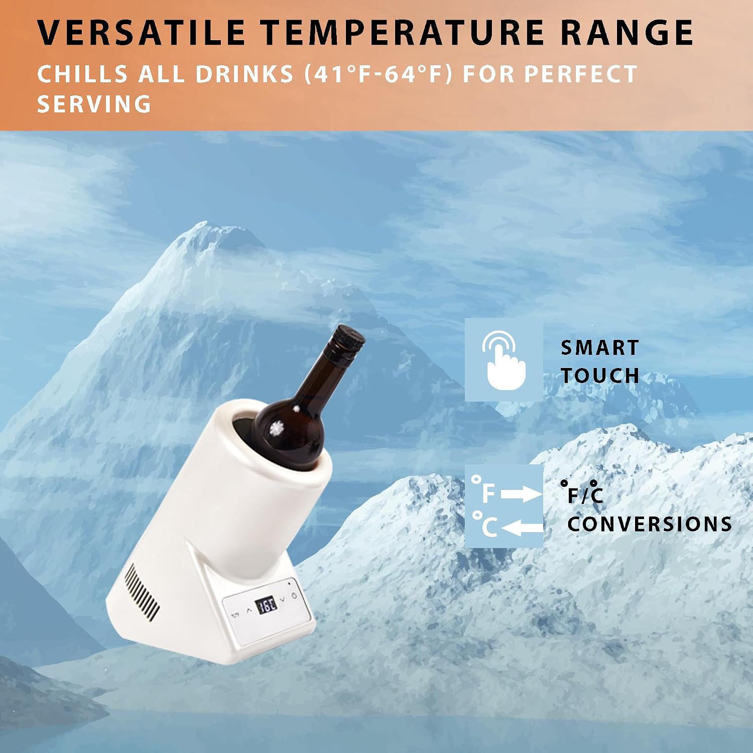 Equator 110V/12V Portable Electric Wine Chiller for Red, White and Water Bottles, 750mL Single Bottle Cooler, Stainless Body, Rechargeable, 24h Cold, Ideal for Parties & Gifts (White)
