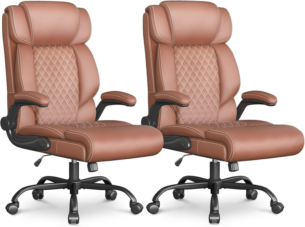 Office Chair-Executive High Back Breathable Comfy Desk Chair with Flip-up Armrests Lumbar Support-Ergonomic Leather Rolling Swivel Chair with Rock Function for Working,2 Pack