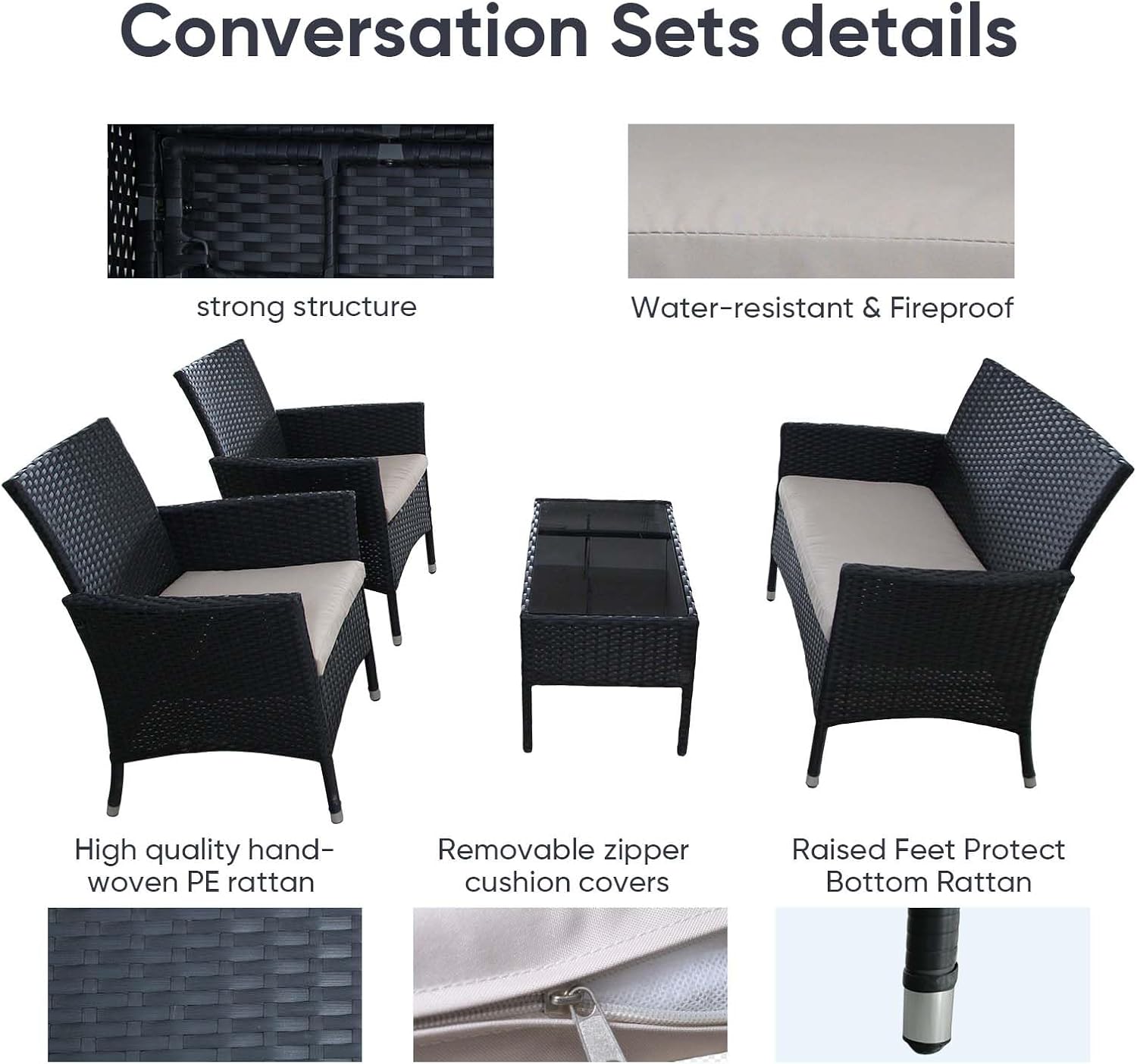 Outdoor Furniture Set of 4 Pieces with PE Waterproof Rattan Tempered Glass Table and Thick Cushions Suitable for Gardens Porches Terraces and Balconies Easy to Assemble Black and Beige