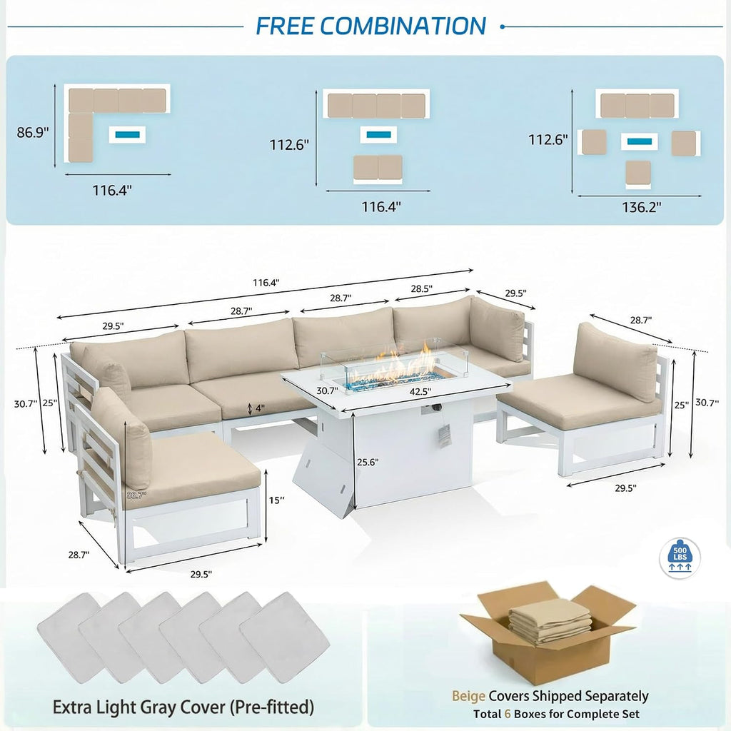 NICESOUL 6 People Large Luxury Aluminum Patio Conversation Set with Fire Pit Table Propane/Gas, 29' Deep Wide U Shaped Sectional Couch, 500 lbs Heavy Duty All Weather Outdoor Sofa for Backyard, Beige
