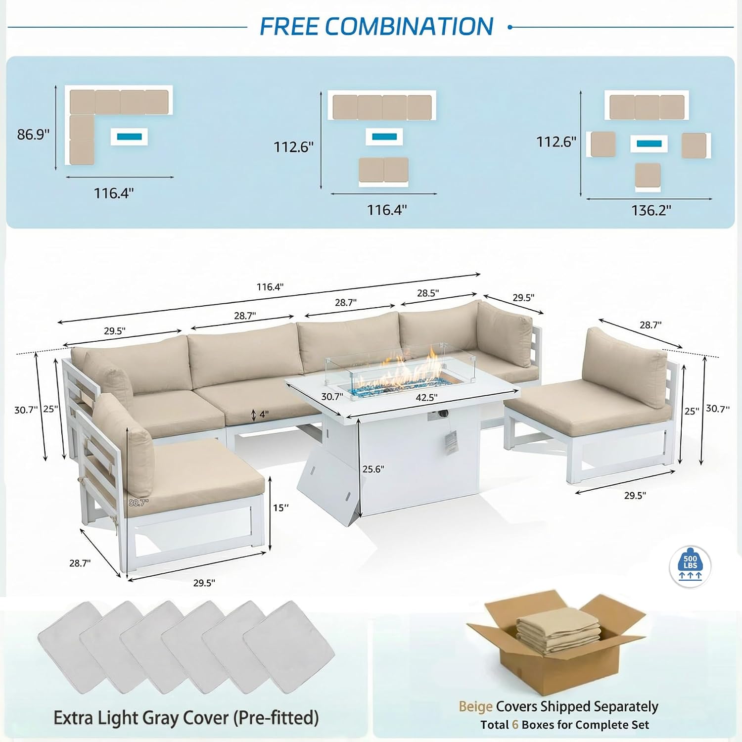 NICESOUL 6 People Large Luxury Aluminum Patio Conversation Set with Fire Pit Table Propane/Gas, 29' Deep Wide U Shaped Sectional Couch, 500 lbs Heavy Duty All Weather Outdoor Sofa for Backyard, Beige