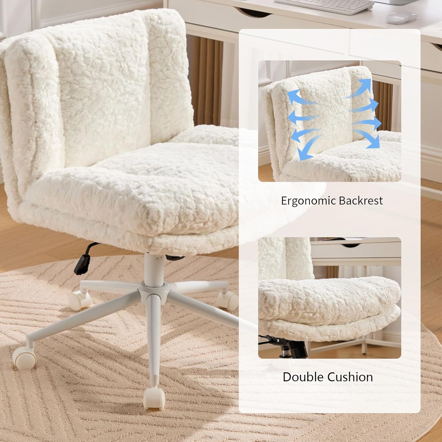 Shenyon Criss Cross Chair with Wheels, Wide Cross Legged Office Chair with 2 Layer Cushions & Back, Adjustable Swivel Home Office Chair, Comfy Faux Fur Makeup Vanity Chair for Girls Women, Cream