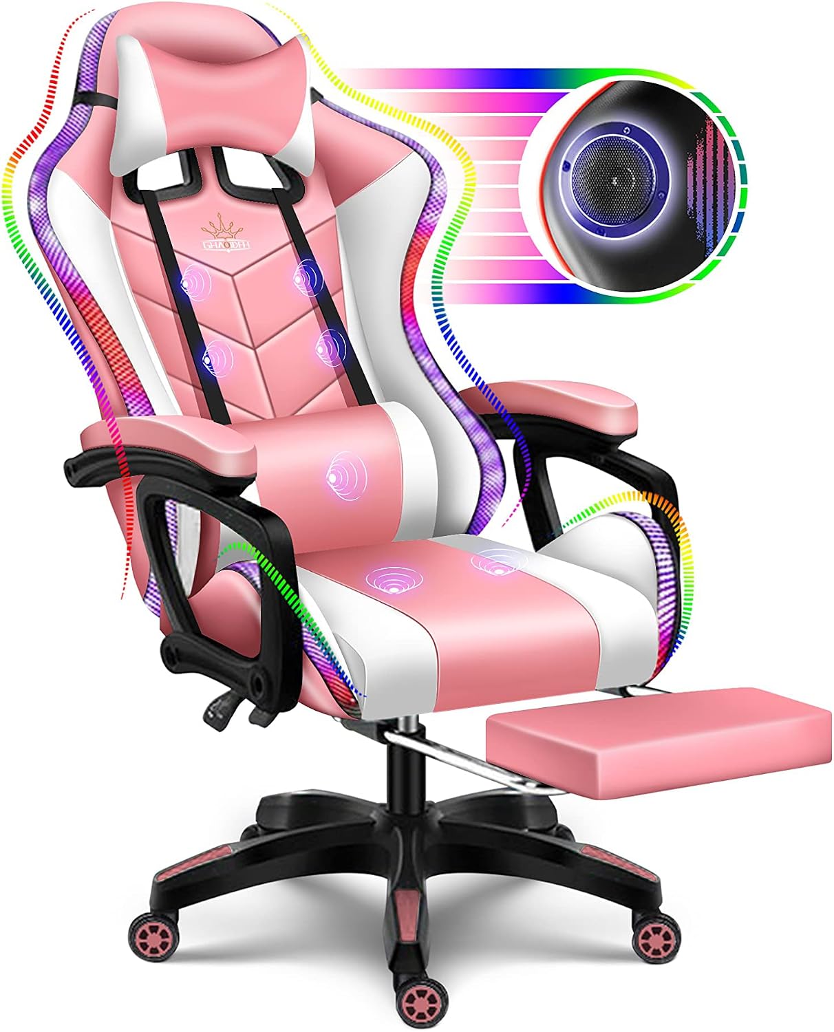 LED Gaming Chair with Speakers, Seven-points Massage Computer Chair with Footrest,Ergonomic Racing Office Chair PU Leather Recliner 360°Swivel Gamer Chair with Lumbar Support Headrest Armrest,Pink