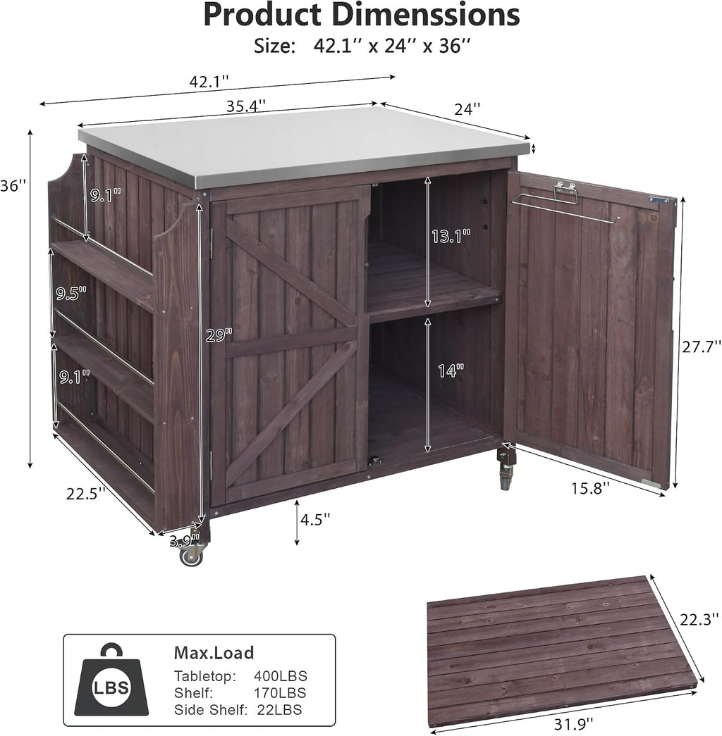 LUMISOL Outdoor Rolling Kitchen Cart with Stainless Steel Top, 42.1' Grill Cart with Adjustable Shelf and 4 Wheels, Farmhouse Kitchen Island with Side Shelf and Storage Cabinet, Dark Brown