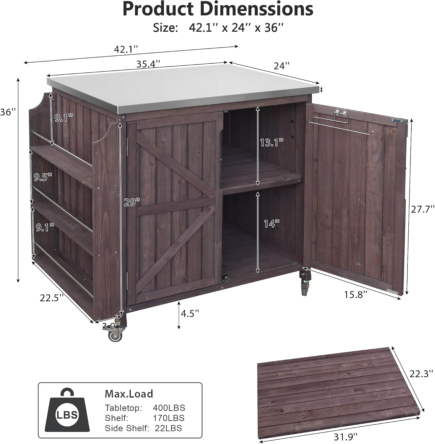 LUMISOL Outdoor Rolling Kitchen Cart with Stainless Steel Top, 42.1' Grill Cart with Adjustable Shelf and 4 Wheels, Farmhouse Kitchen Island with Side Shelf and Storage Cabinet, Dark Brown