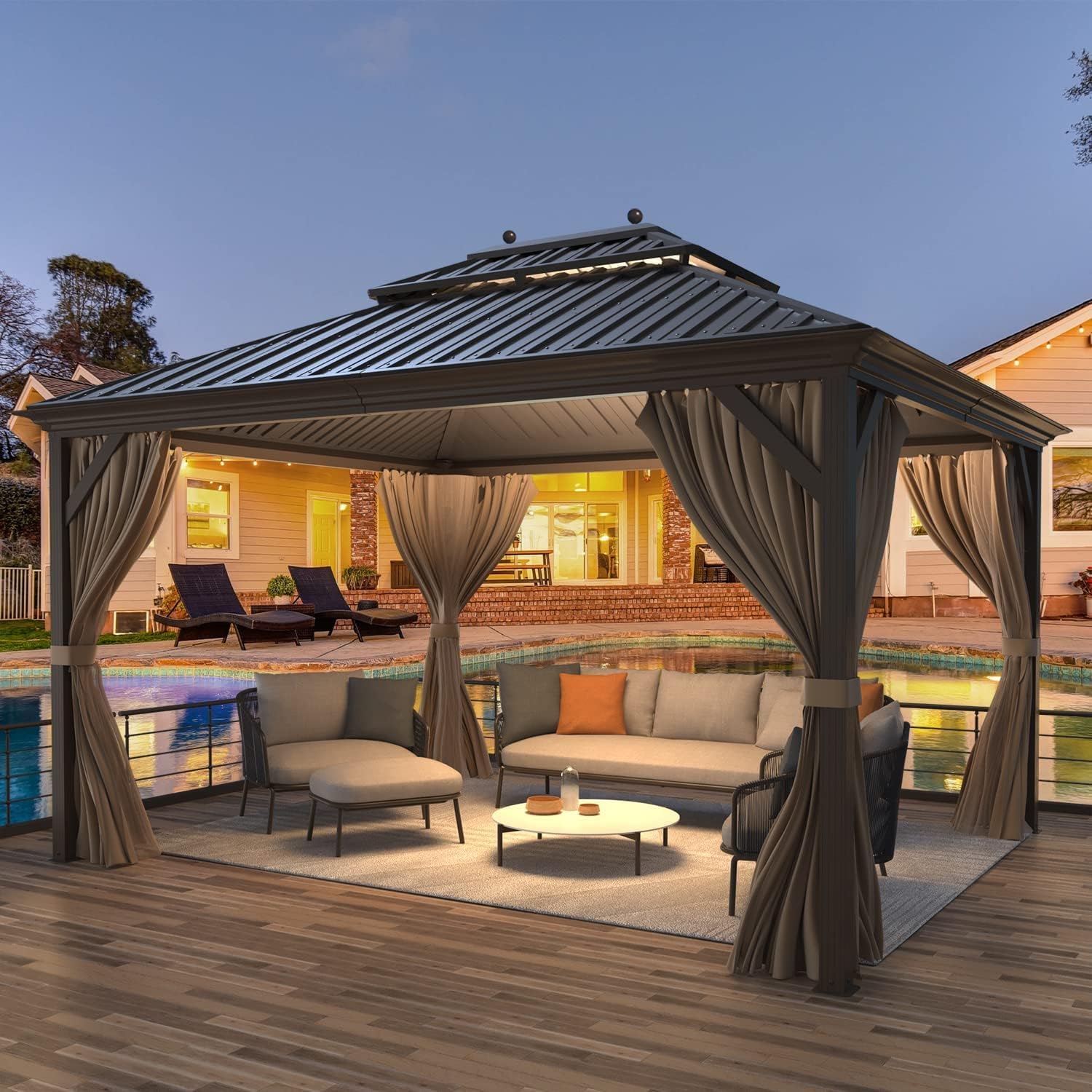 MELLCOM 12' x 14' Hardtop Gazebo, Brown Permanent Pavilion Gazebo with Curtains and Netting, Galvanized Steel Metal Double Roof Aluminum Gazebos with Aluminum Frame for Patio, Lawn & Garden