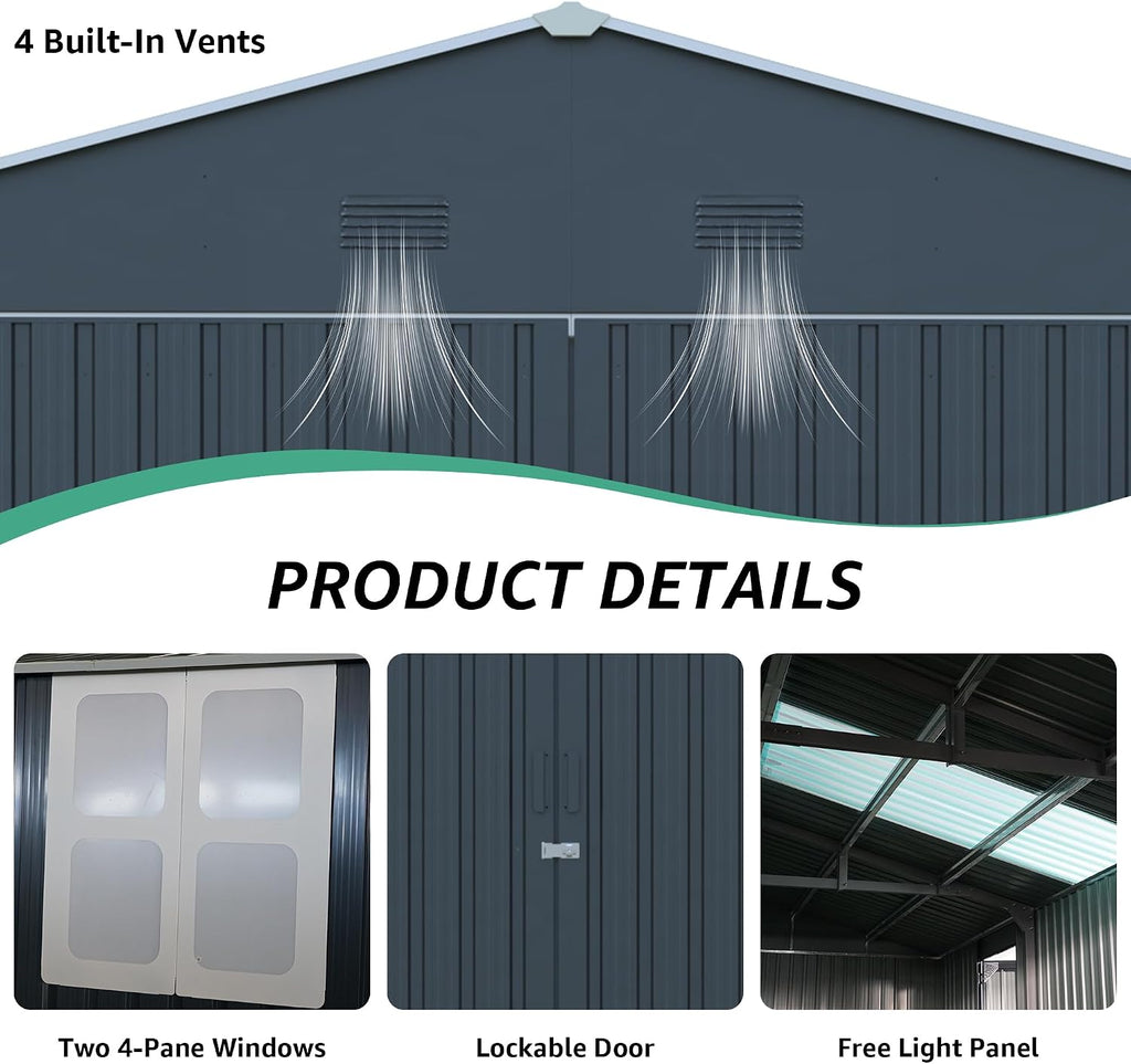 YOPTO 13x20 FT Outdoor Storage Shed, Large Metal Garage Sheds with Two Windows and Two Translucent Panels,Tool House w/Free Light Panet & Sloped Roof,for Car,Truck,Bike,Lawnmower,Tool,Dark Gray