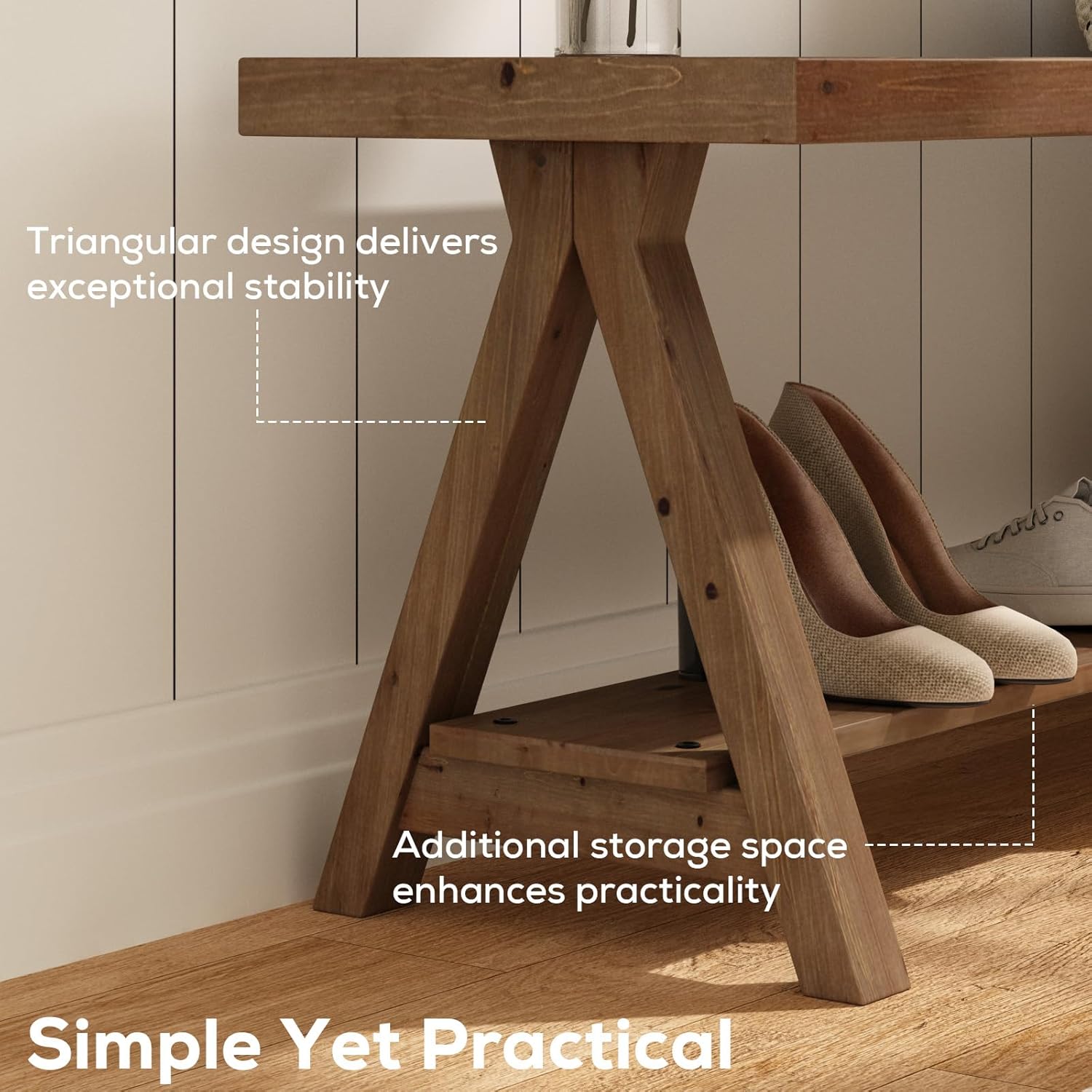 RowyPoey 51' Solid Wood Bench, Long Farmhouse Entryway Bench with Storage Shelf, Triangular Leg Design, Narrow Rustic Benches for Hallway, Bedroom, Dining, Kitchen