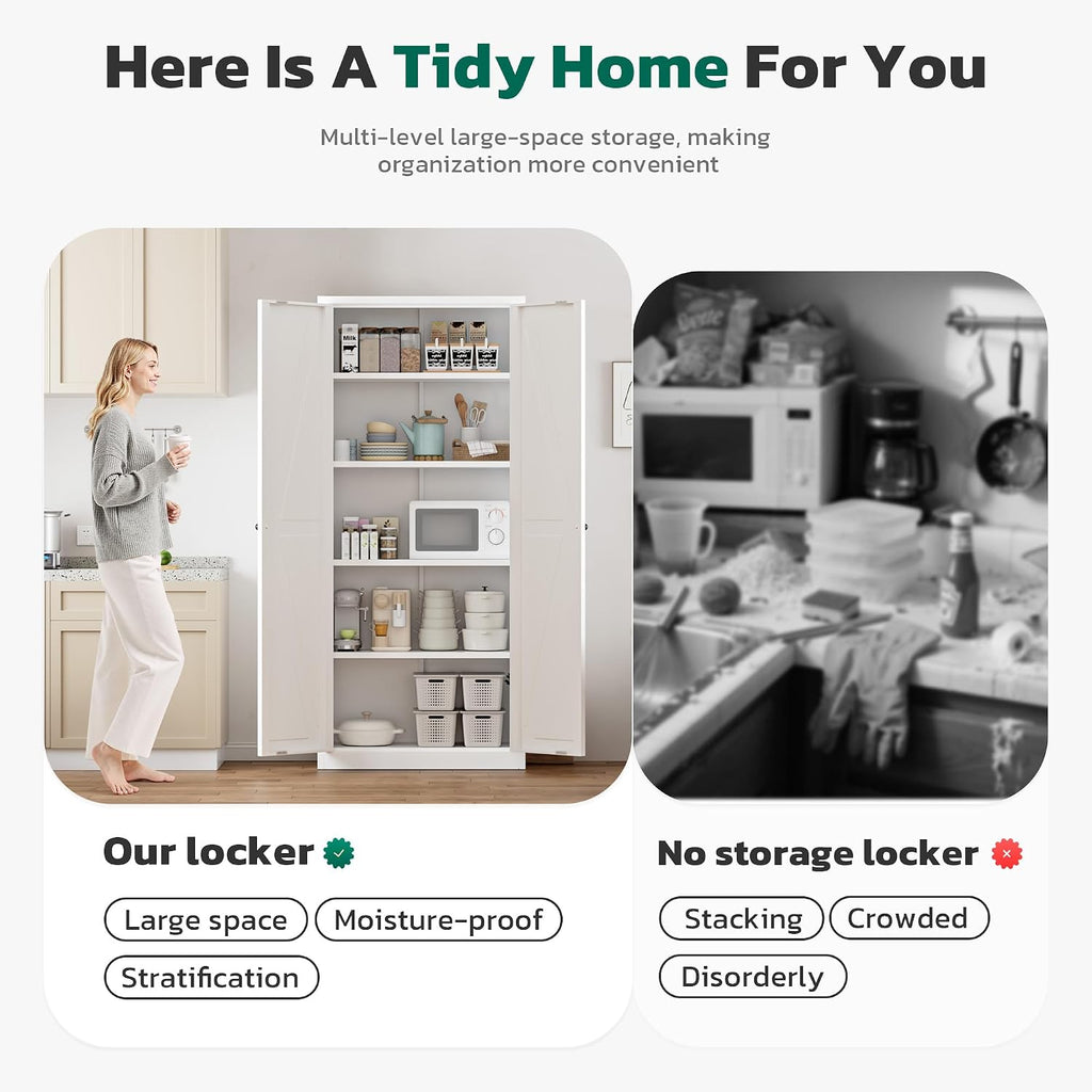 Greenvelly Metal Cabinet, 63' H White Metal Storage Cabinet with Doors and 4 Shelves, Pantry Storage Cabinet for Kitchen, Bedroom, Living Room, Office (Farmhouse)