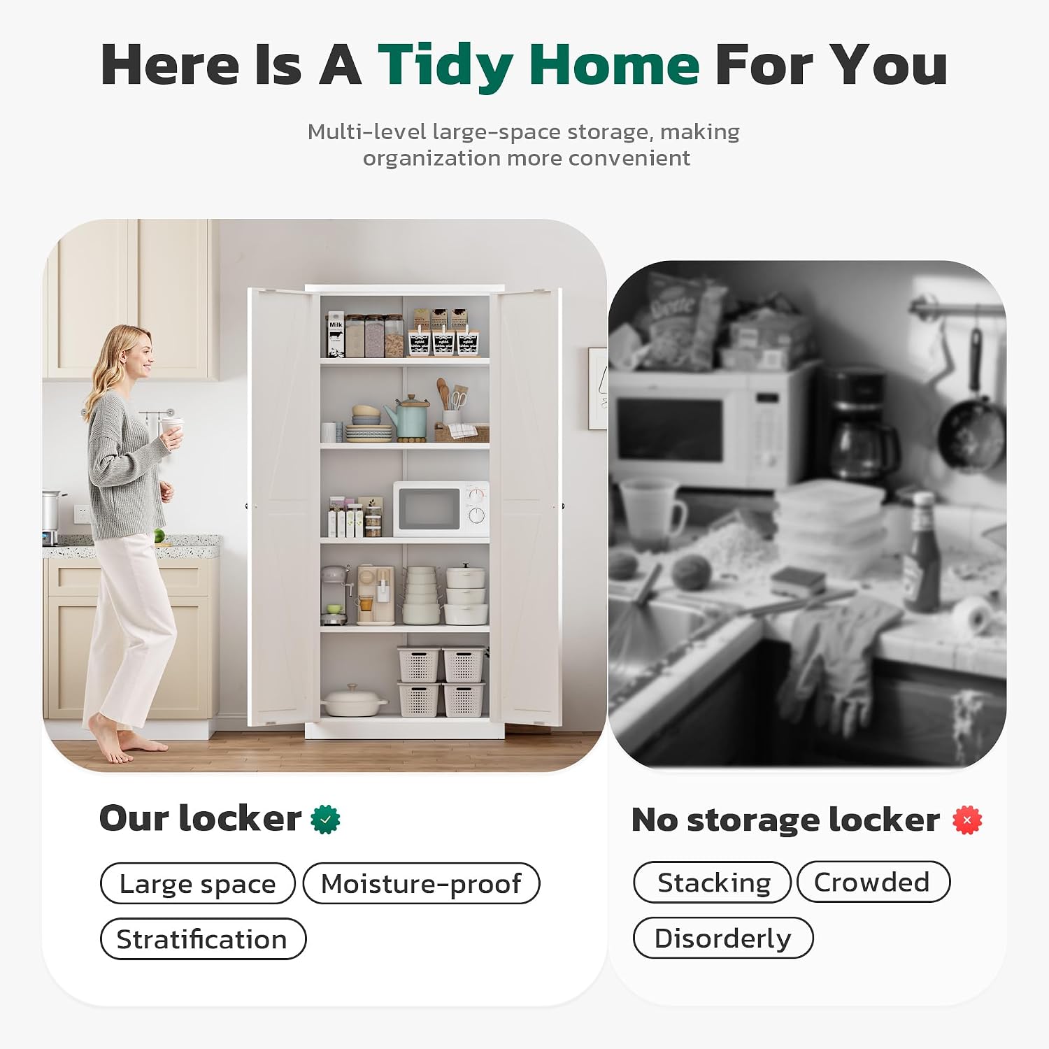 Greenvelly Metal Cabinet, 63' H White Metal Storage Cabinet with Doors and 4 Shelves, Pantry Storage Cabinet for Kitchen, Bedroom, Living Room, Office (Farmhouse)