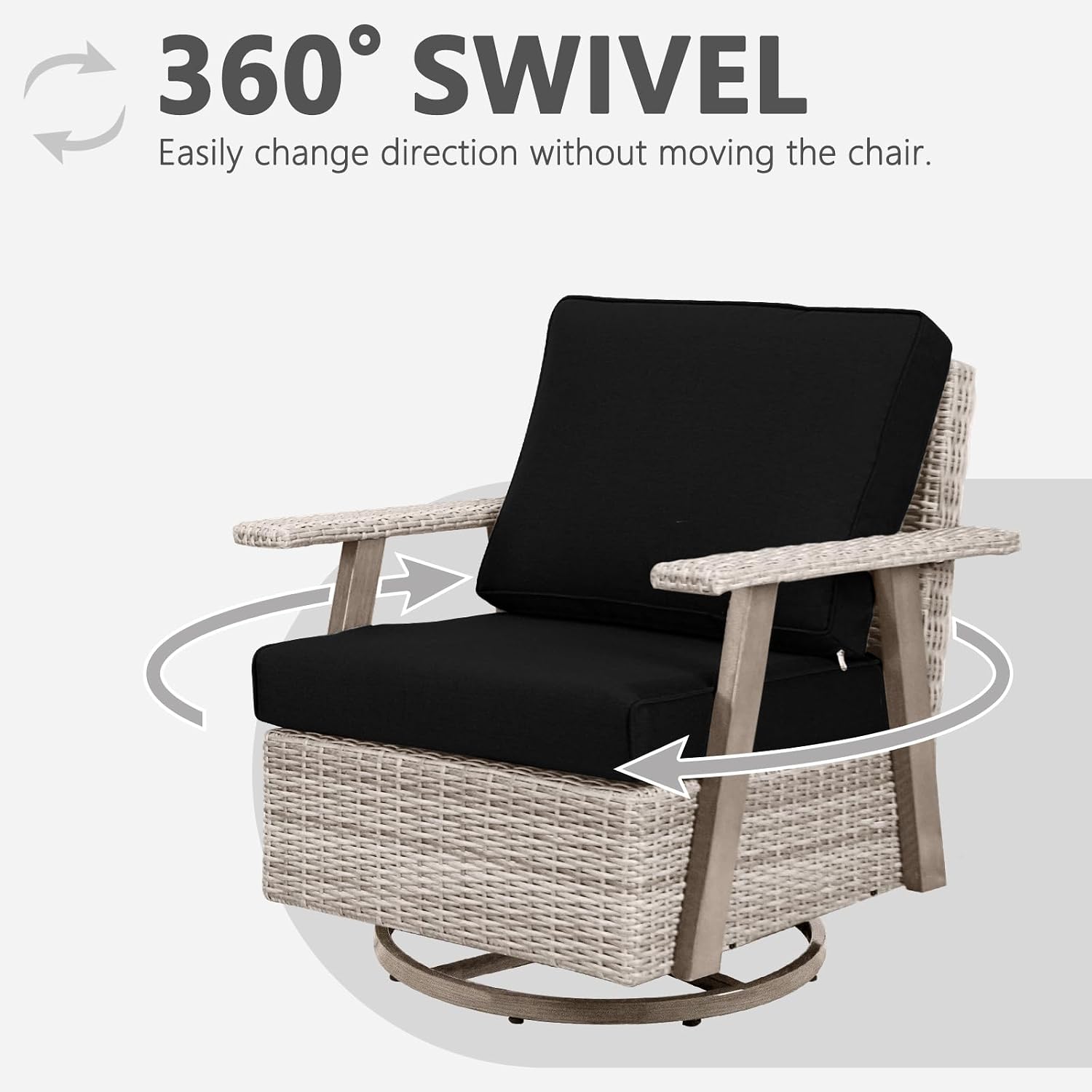 2 PCS Outdoor Patio Furniture Set, Oversized Swivel Patio Chairs Set of 2, Outdoor Swivel Rocking Glider Chairs Set, Brown/Taupe PE Wicker Rocking Chair with Black Cushion for Porch Garden