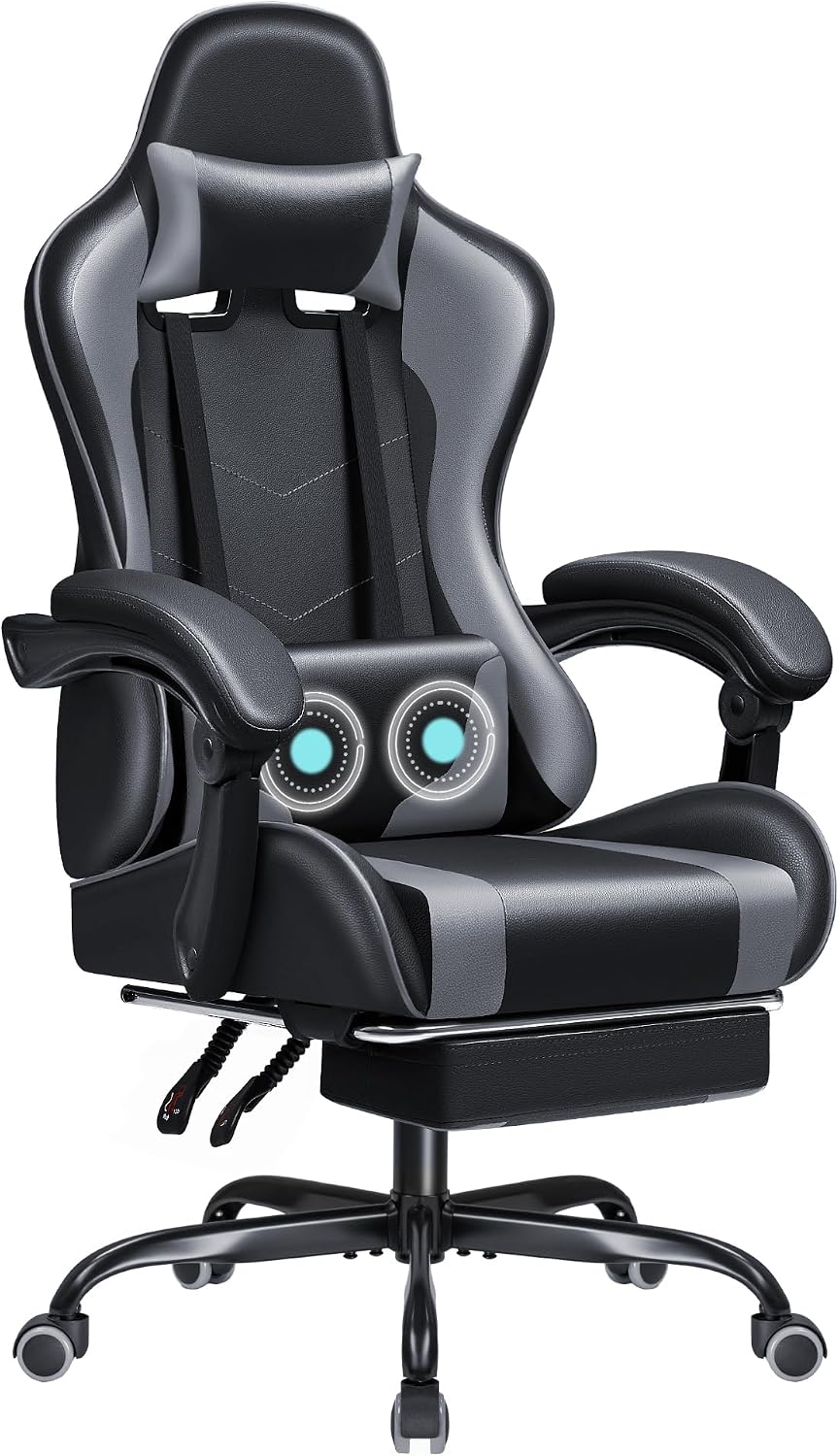 JUMMICO Gaming Chair Ergonomic Computer Chair with Footrest and Massage Lumbar Support, Height Adjustable Video Gaming Chair with 360° Swivel Seat and Headrest (Grey)