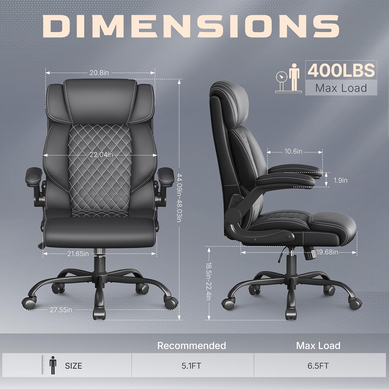 Office Chair-Executive High Back Breathable Big and Tall Office Chair Flip-up Armrests Lumbar Support-Ergonomic Leather Rolling Swivel Chair with Rock Function for Working Studying Gaming,Black