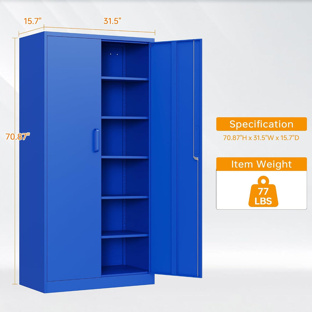 STANI Metal Garage Storage Cabinet with Lock, 71' Steel Lockable File Cabinet, Locking Steel Storage Cabinet with 5 Adjustable Shelves for Home, Office, Garage, Warehouse (Blue, 2 Door - 71' H)