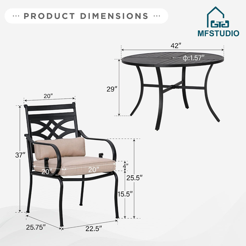MFSTUDIO Patio Dining Sets for 4, Round Patio Table and Chairs Set with Umbrella Hole, 5 Piece Outdoor Dining Set for Deck, Poolside, Backyard, Garden