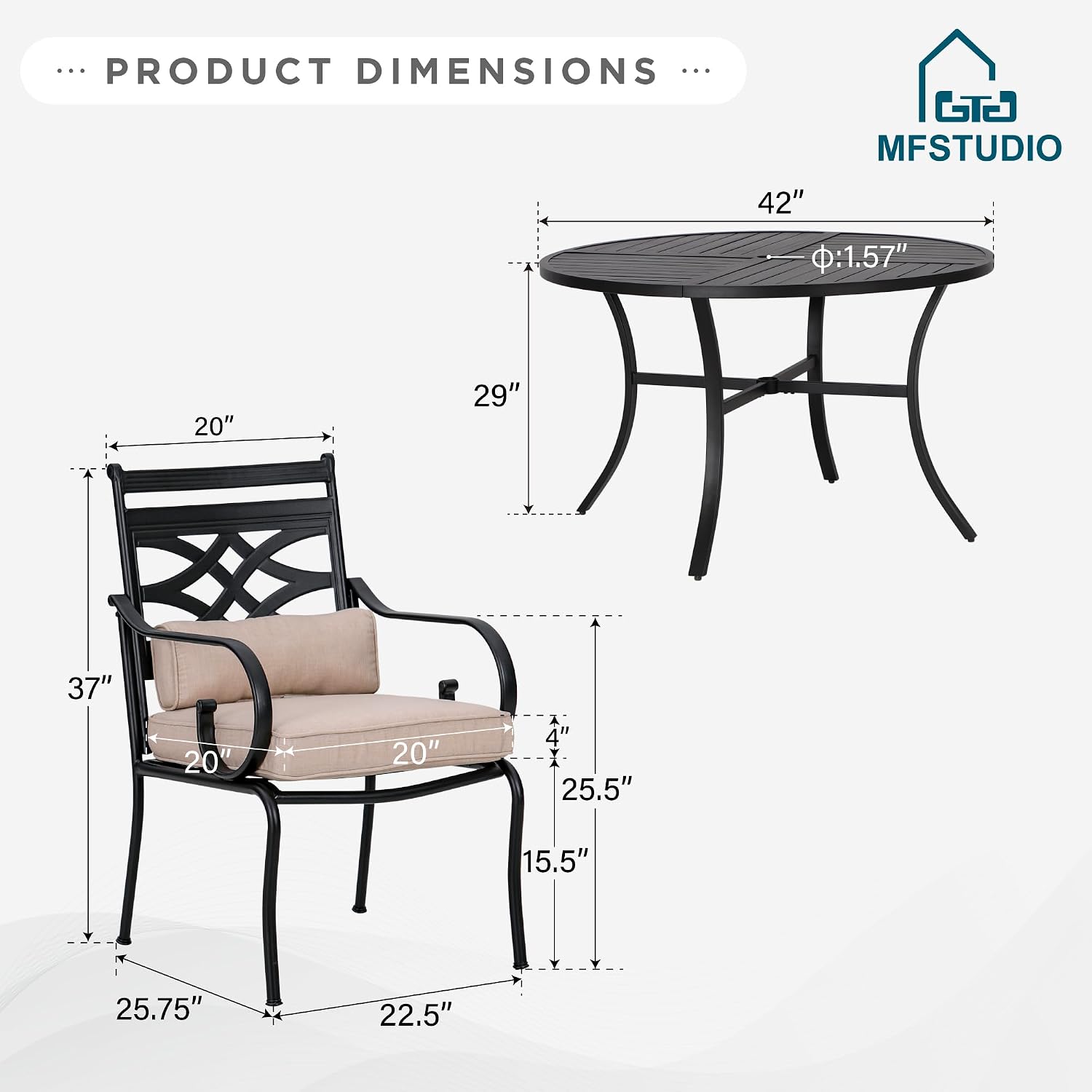 MFSTUDIO Patio Dining Sets for 4, Round Patio Table and Chairs Set with Umbrella Hole, 5 Piece Outdoor Dining Set for Deck, Poolside, Backyard, Garden
