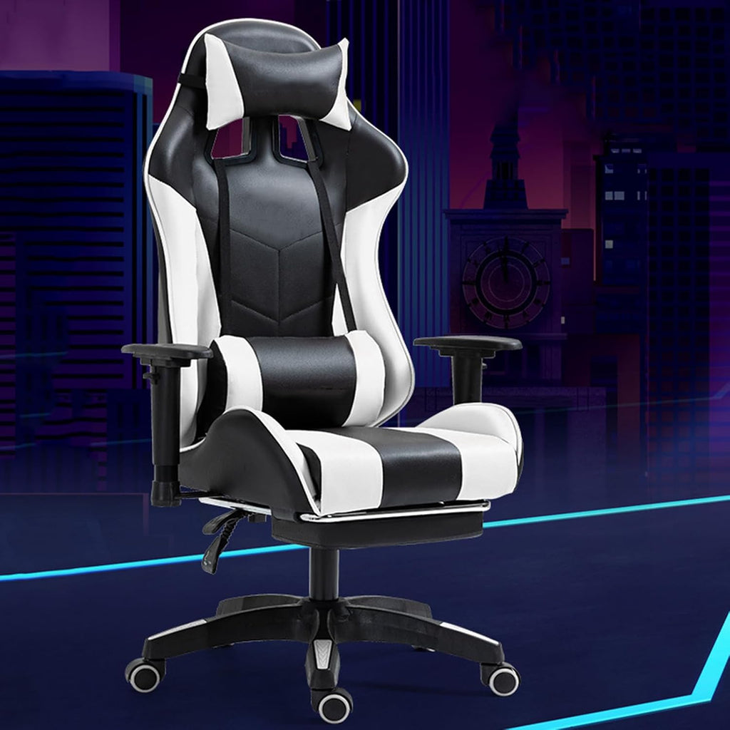 Computer Gaming Chair with Footrest and Lumbar Support Ergonomic High Back Video Game Chairs with Swivel Seat and Headrest Height Adjustable Racing Style Office Computer Game Chair, Blackwhite