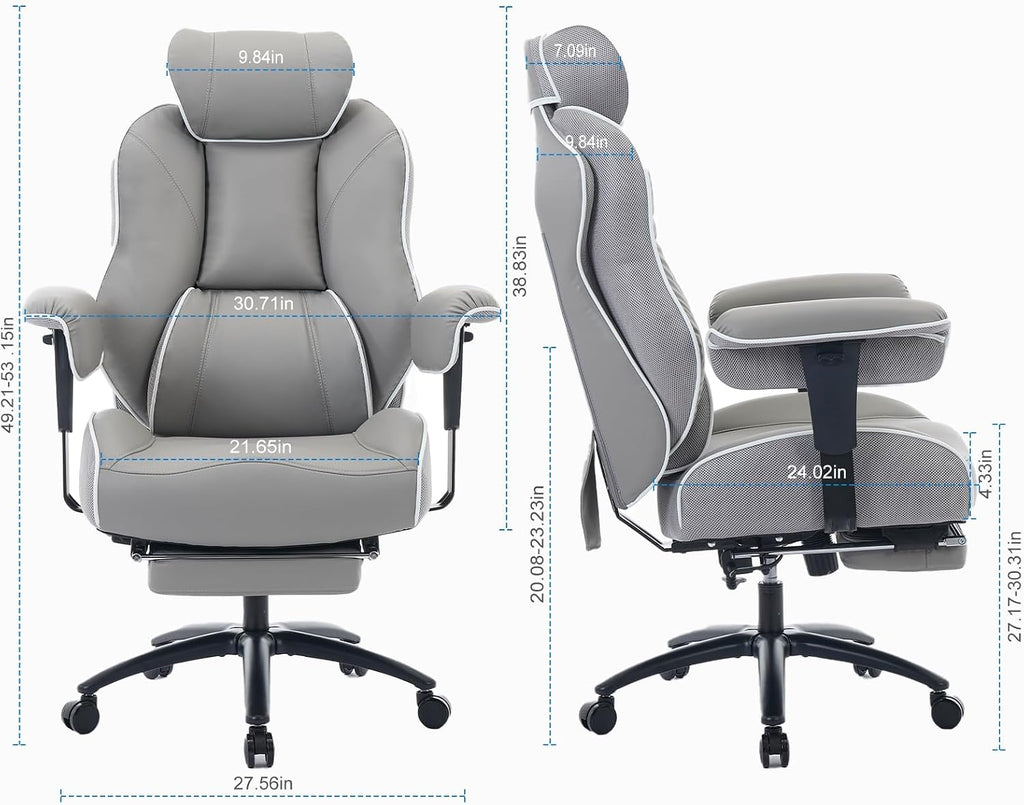 DJ·Wang Big and Tall Office Chair with Foot Rest, High Back Executive Office Chair PU Leather, Ergonomic Chairs with Lumbar Support, 135° Reclining Chairs with Thickened Spring Cushion Gray