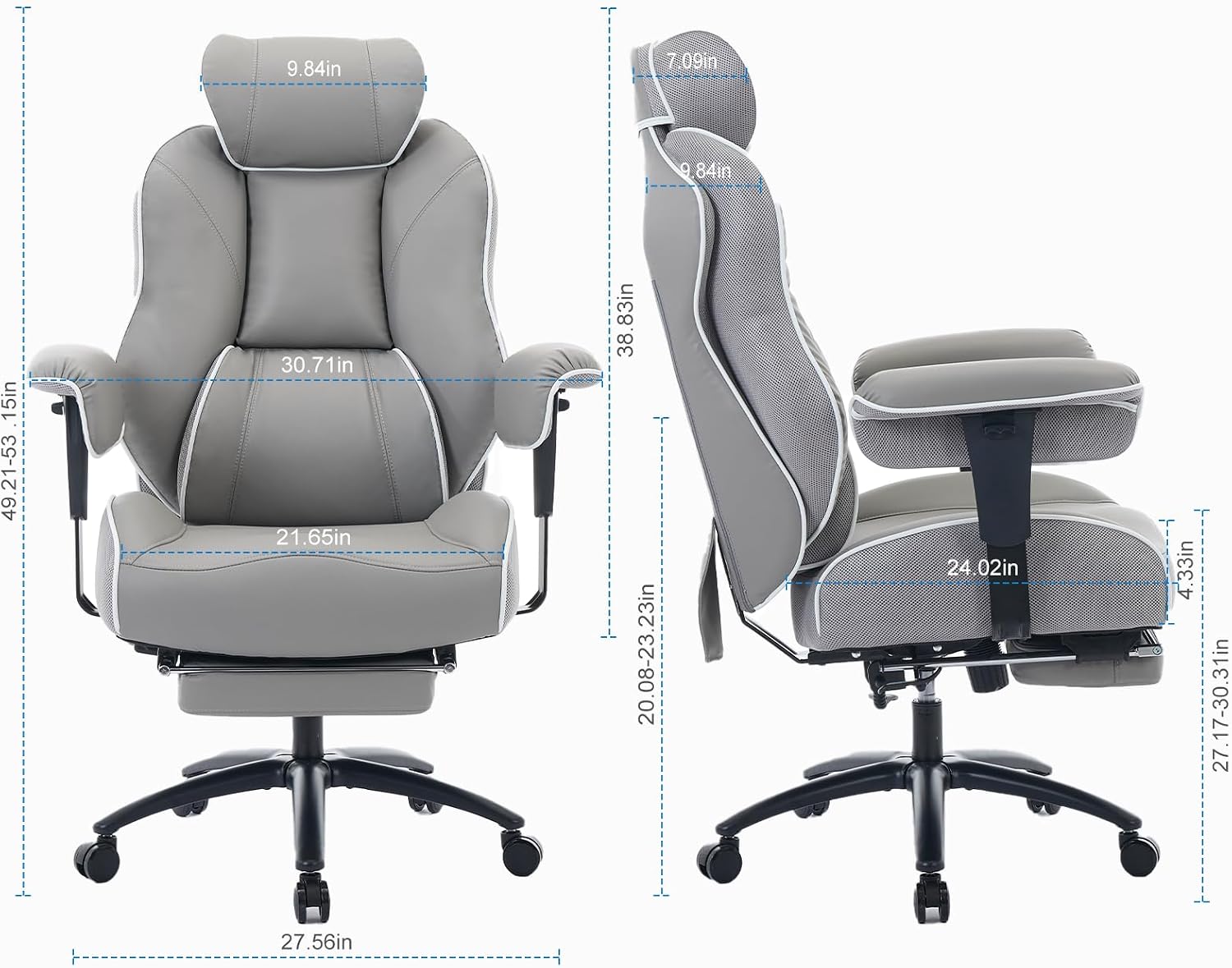 DJ·Wang Big and Tall Office Chair with Foot Rest, High Back Executive Office Chair PU Leather, Ergonomic Chairs with Lumbar Support, 135° Reclining Chairs with Thickened Spring Cushion Gray