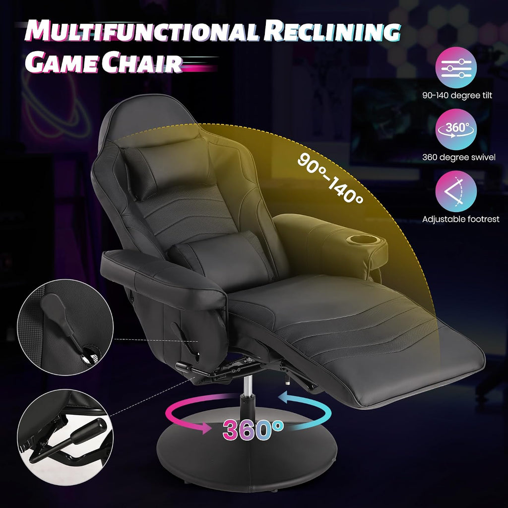 Game Reclining Chair with Adjustable Height, PU Gaming Chair with Massage, Long Footrest and Lumbar Support, High Back Swivel Computer Game Chair for Adult(Black)