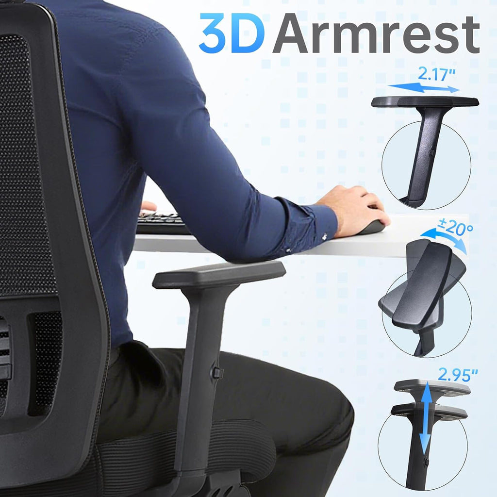 Ergonomic Office Chair with Footrest, 145° Reclining, Adjustable Lumbar & Headrest, 3D Armrests, Silent Casters, Heavy Duty Steel Base, 350 LB Capacity, Swivel Desk Chair for Home Office