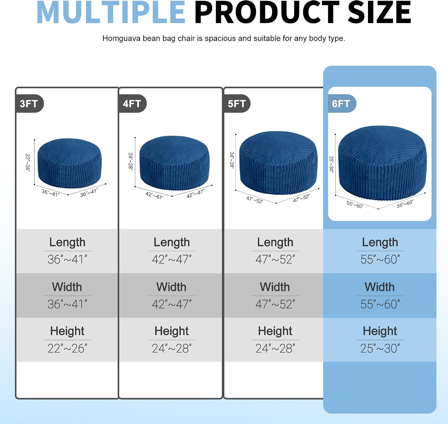 Homguava 6 FT Bean Bag Chair,6' Big Bean Bag,Giant Bean Bag Chairs for Adults with Memory Foam Filled,Comfy Large Beanbag Chairs Soft Bean Bag Sofa with Dutch Corded Plush Cover-Blue