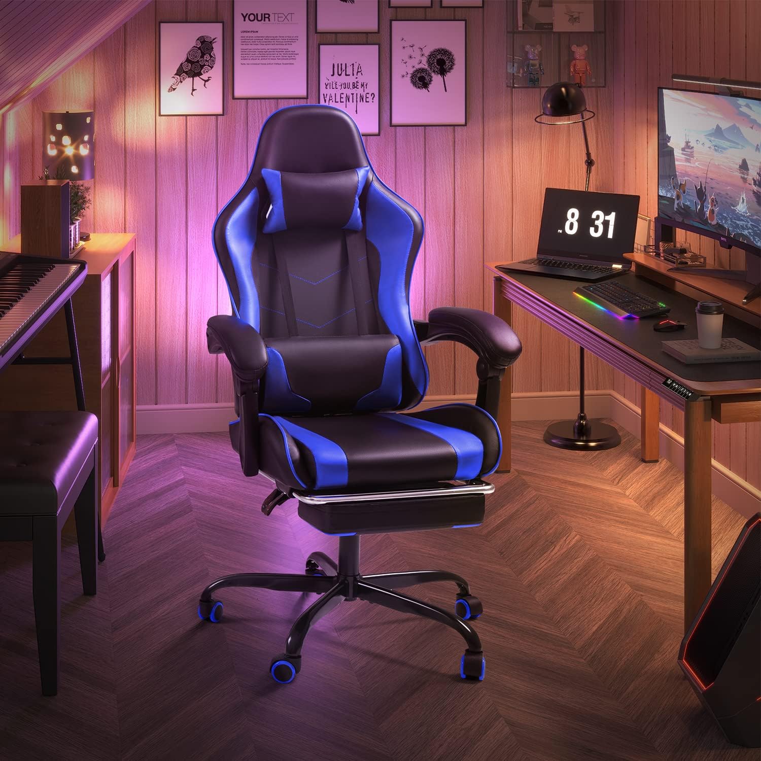 Shahoo Gaming Chair with Footrest and Massage Lumbar Support, Video Game Chairs Height Adjustable Seat with Headrest for Office or Bedroom, Study Room, Dark Blue