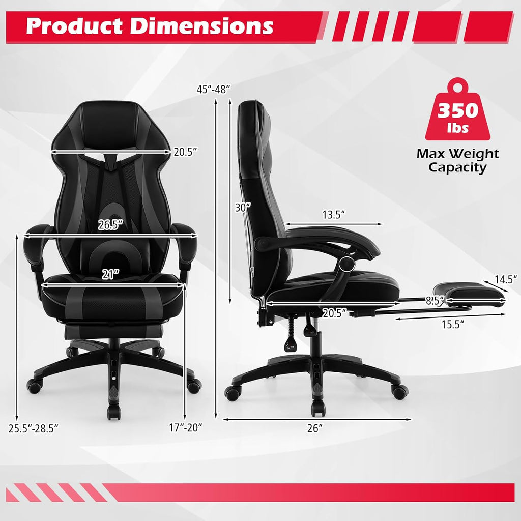 Giantex Gaming Chair with Footrest for Adults, Reclining Video Game Chair w/Lumbar Support, Racing Style Ergonomic Office Computer Chair, Height Adjustable Swivel Gamer Chair for Gaming (Grey)