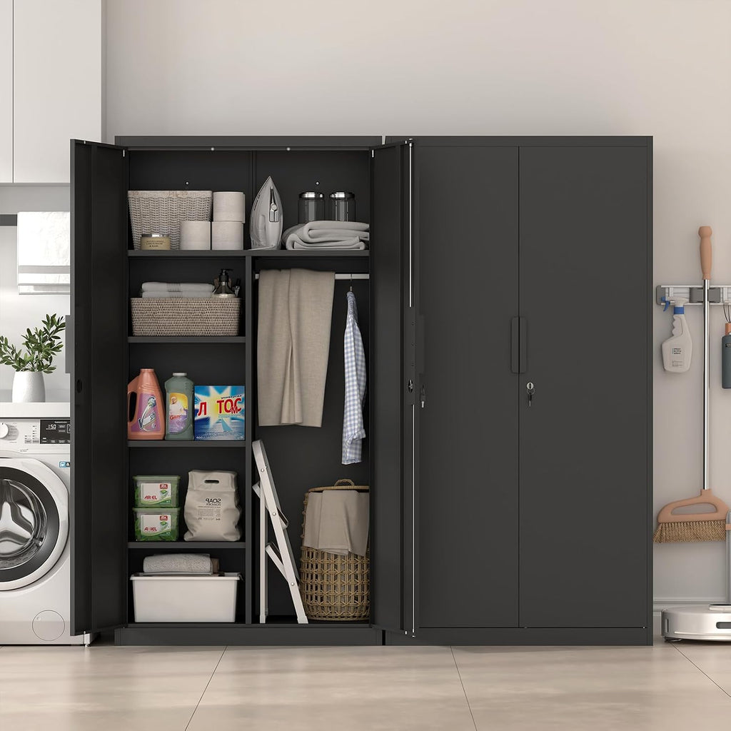 IRONFFICE Metal Storage Cabinet,Steel Armoire Wardrobe Closet with Adjustable Shelves,Hanging Rod,Almirah for Clothes,Locking Wardrobe Cabinet for Bedroom,Home,Black