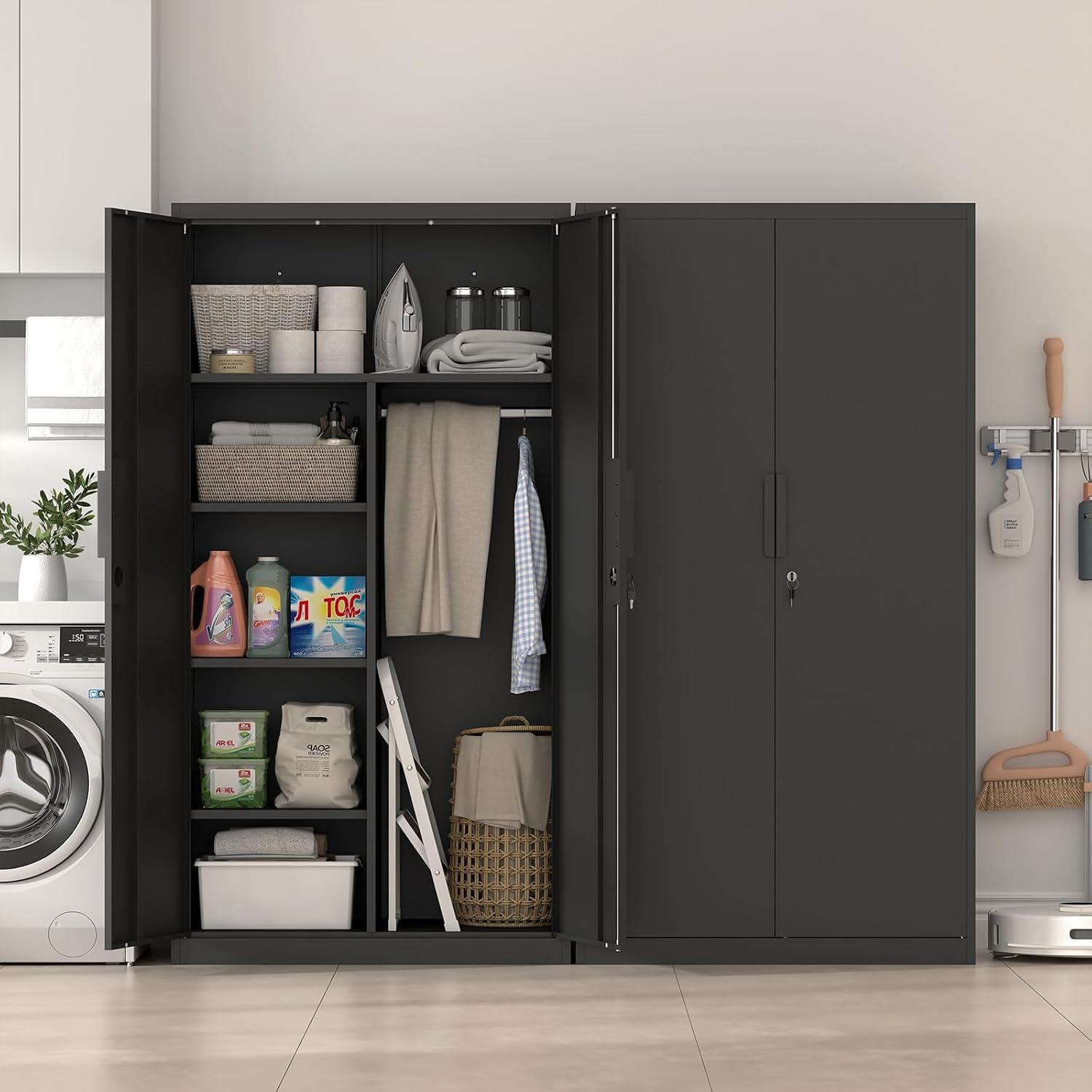 IRONFFICE Metal Storage Cabinet,Steel Armoire Wardrobe Closet with Adjustable Shelves,Hanging Rod,Almirah for Clothes,Locking Wardrobe Cabinet for Bedroom,Home,Black