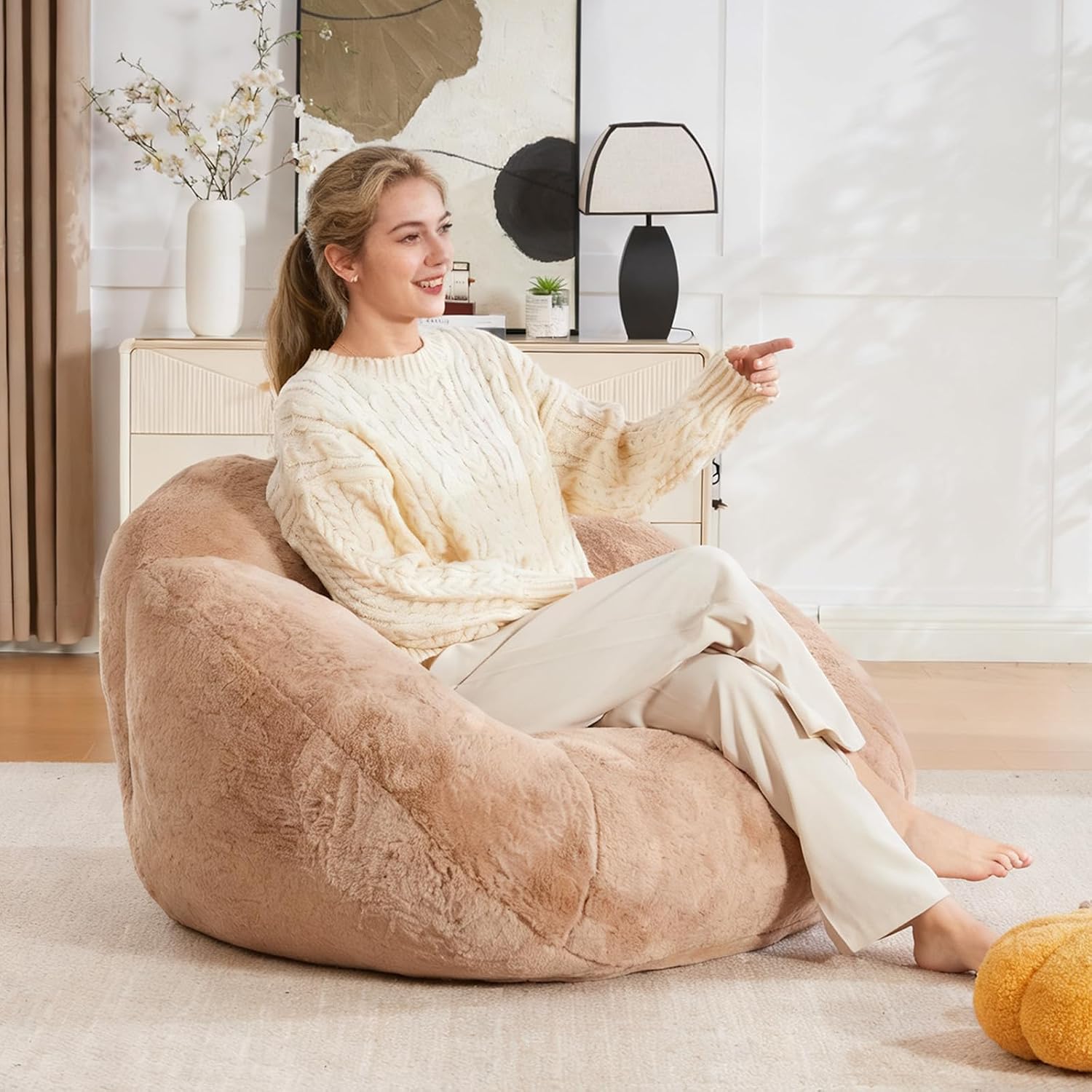 3.28 Feet Bean Bag Chair for Adults, Shell-Shaped Bean Bag Lazy Couch, Faux Fur Cloud Sofa Chair, Lounge Floor Sofa with Filler for Reading, Gaming & Watching, No Assembly Required (Camel)