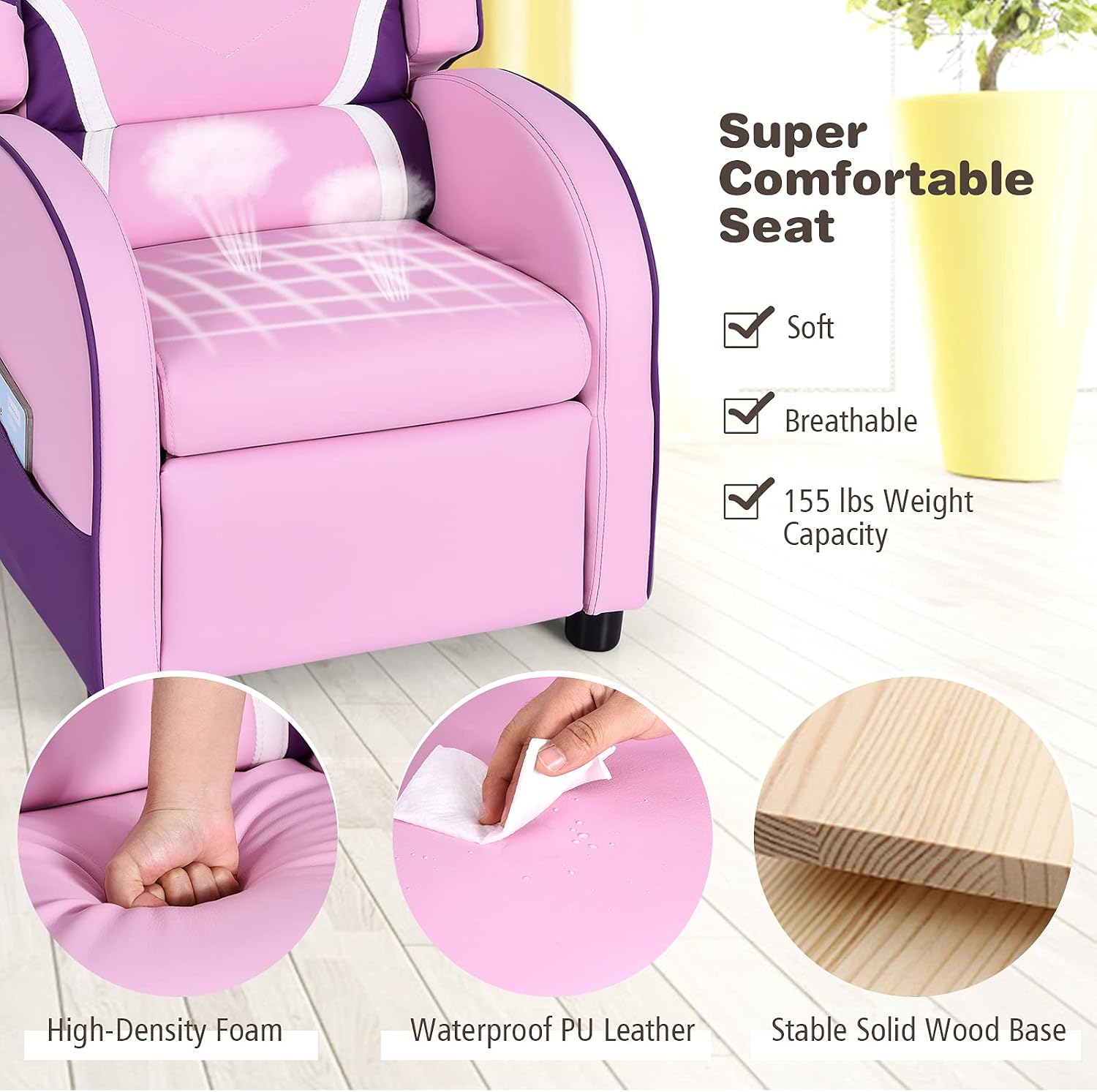 HONEY JOY Kids Recliner, Youth Gaming Reclining Chair w/Side Pocket, Ergonomic Headrest & Footrest, Upholstered Leather Lounge Chair for Boys Girls, Manual Adjustable Single Sofa Chair for Living Room