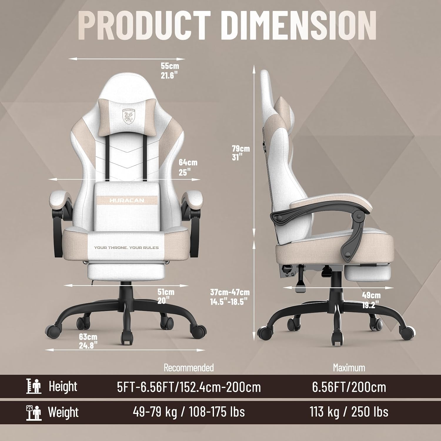 Ferghana Cotton Fabric Gaming Chair with Wider Seat Cushion, Shield-Shaped Embroidery Ergonomic High Back Game Chair with Footrest, Computer Chair with Massage Lumbar Support for Adult, Beige
